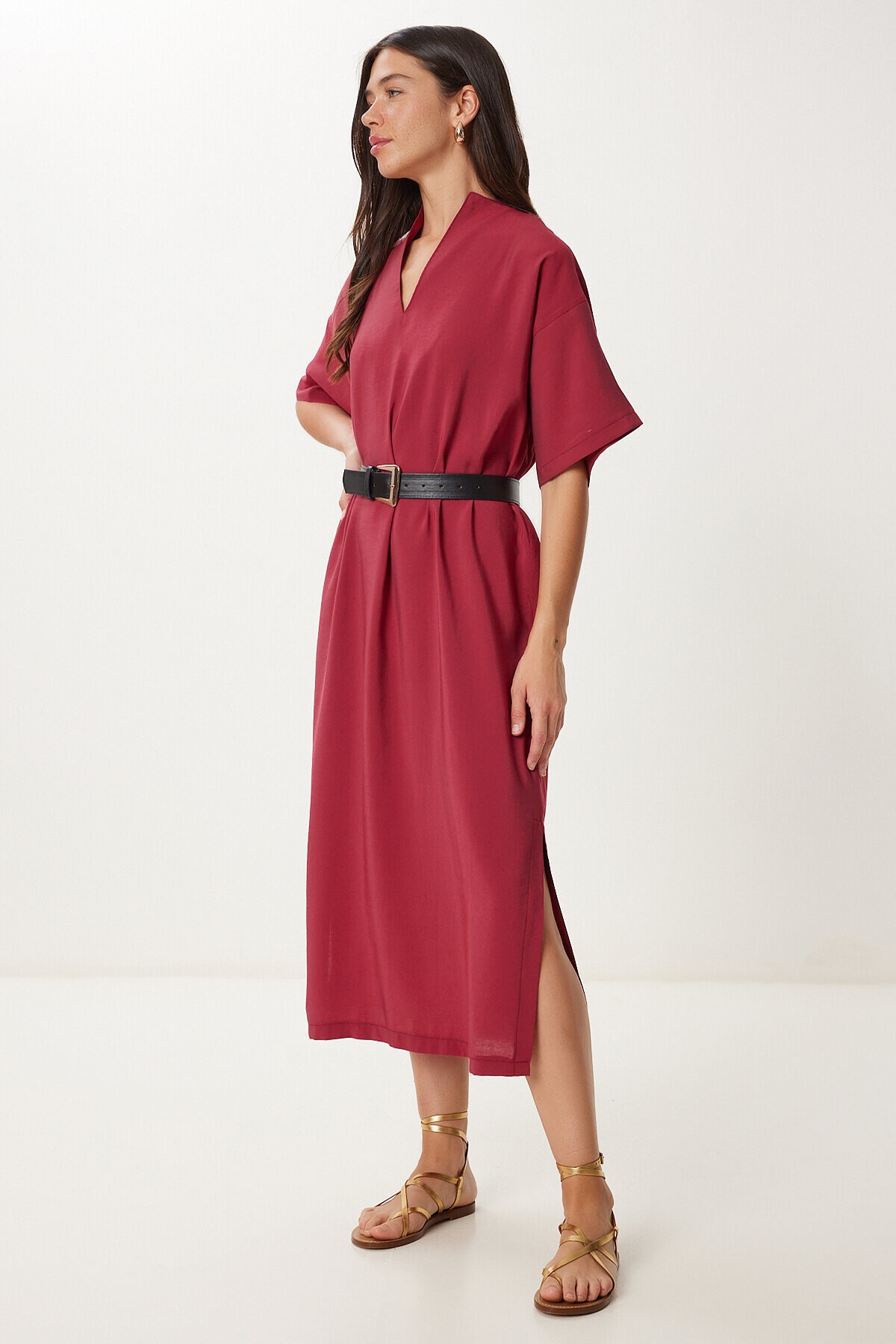 Kemerli Yırtmaçlı Yazlık Modal Elbise 2287 BORDO LNO0005