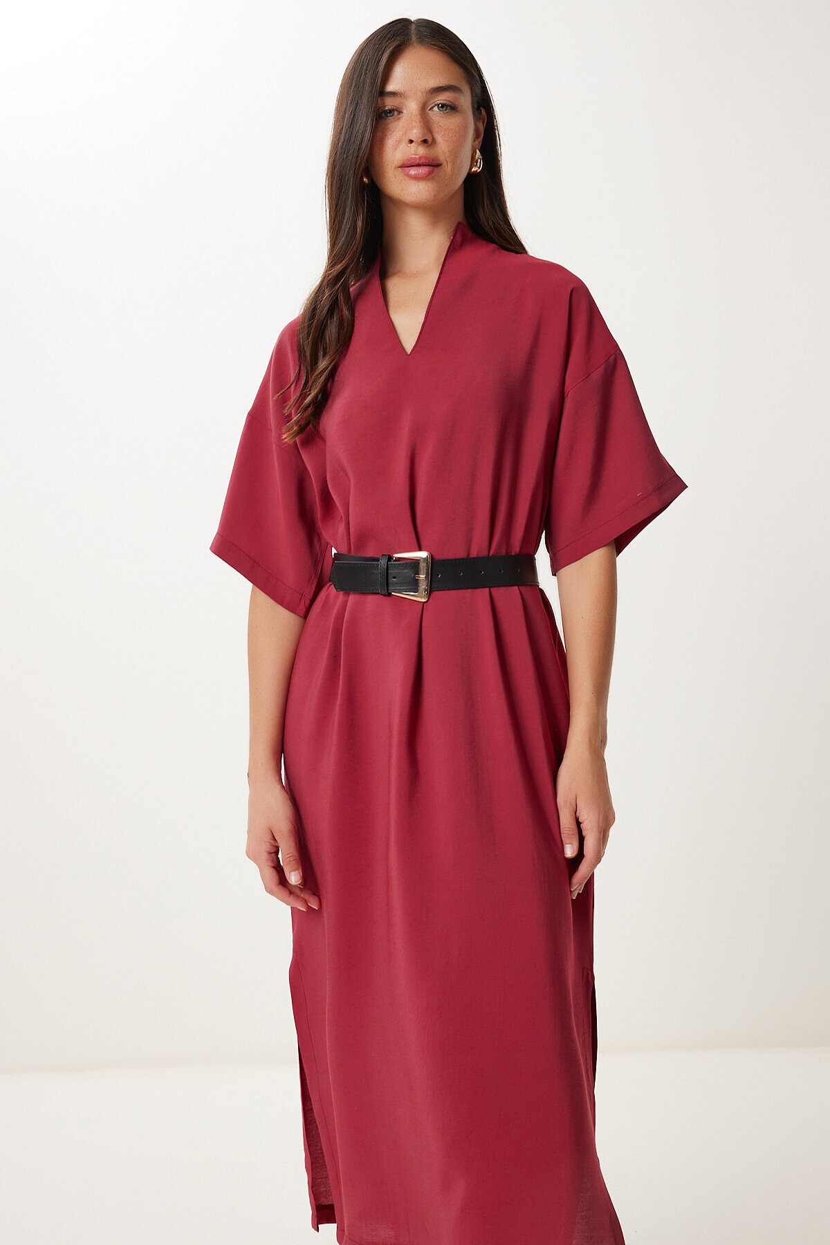 Kemerli Yırtmaçlı Yazlık Modal Elbise 2287 BORDO LNO0005