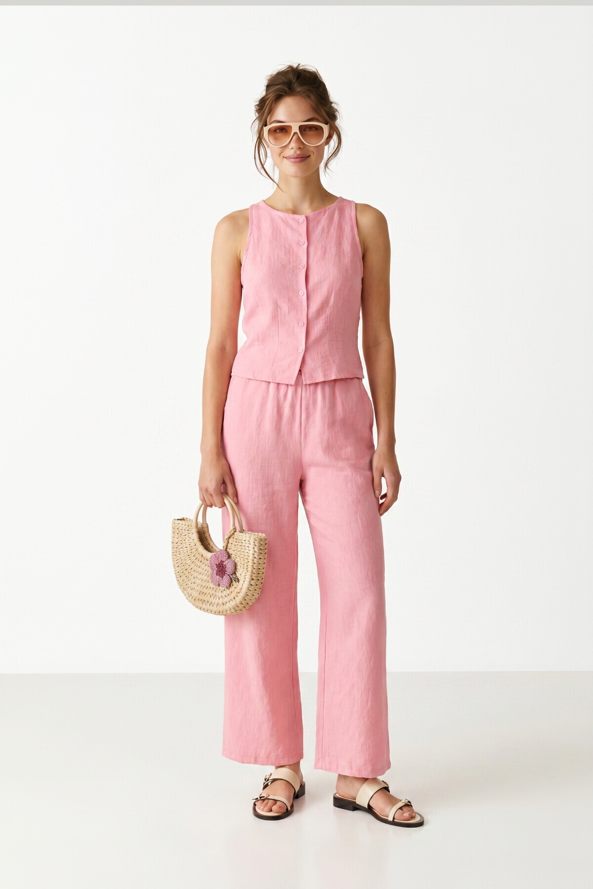 Keten Görünümlü Yelek Pantolon Takım PEMBE LAZ0010