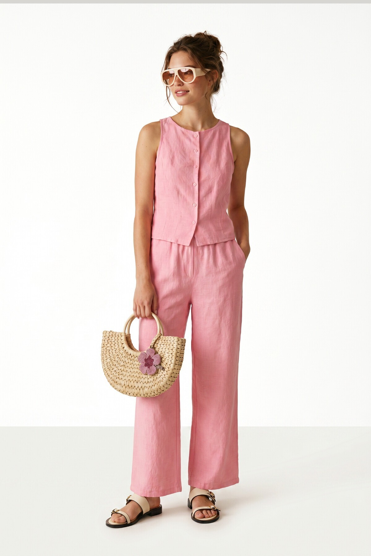 Keten Görünümlü Yelek Pantolon Takım PEMBE LAZ0010