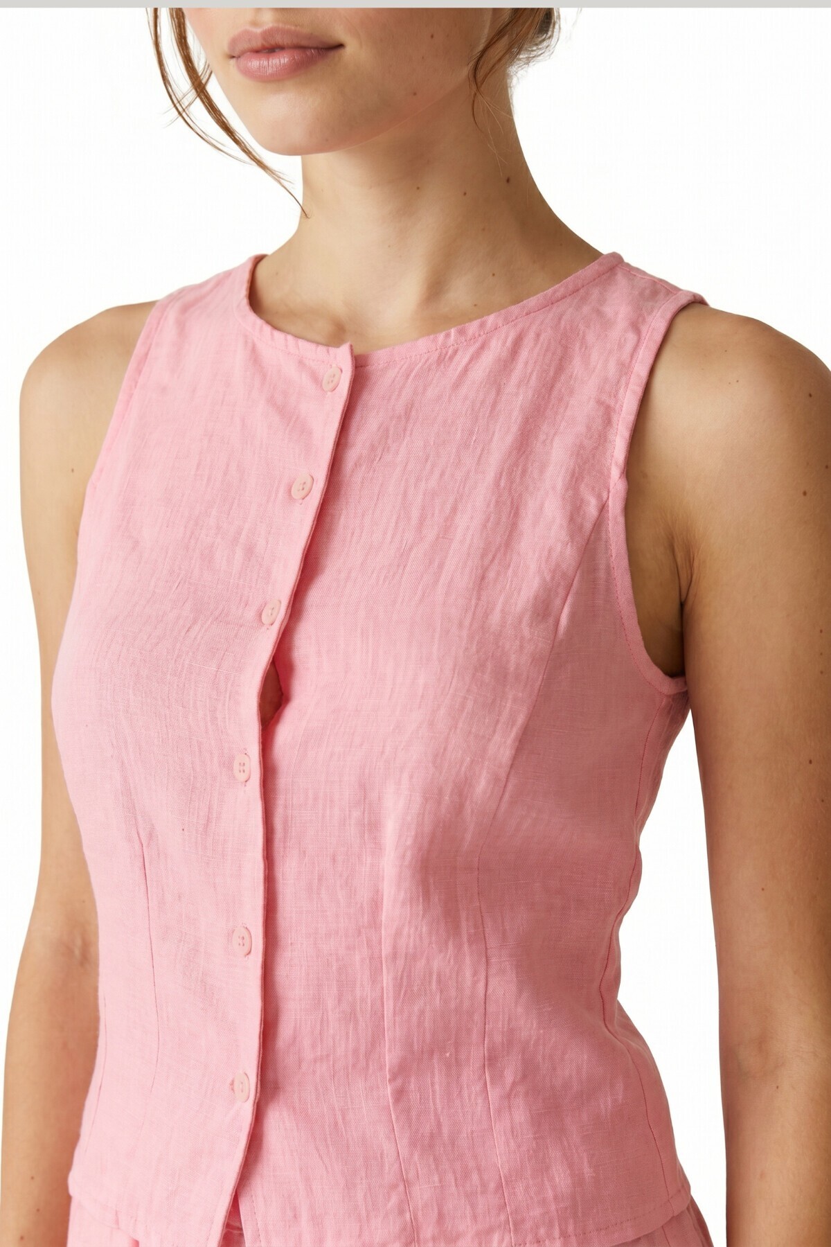 Keten Görünümlü Yelek Pantolon Takım PEMBE LAZ0010