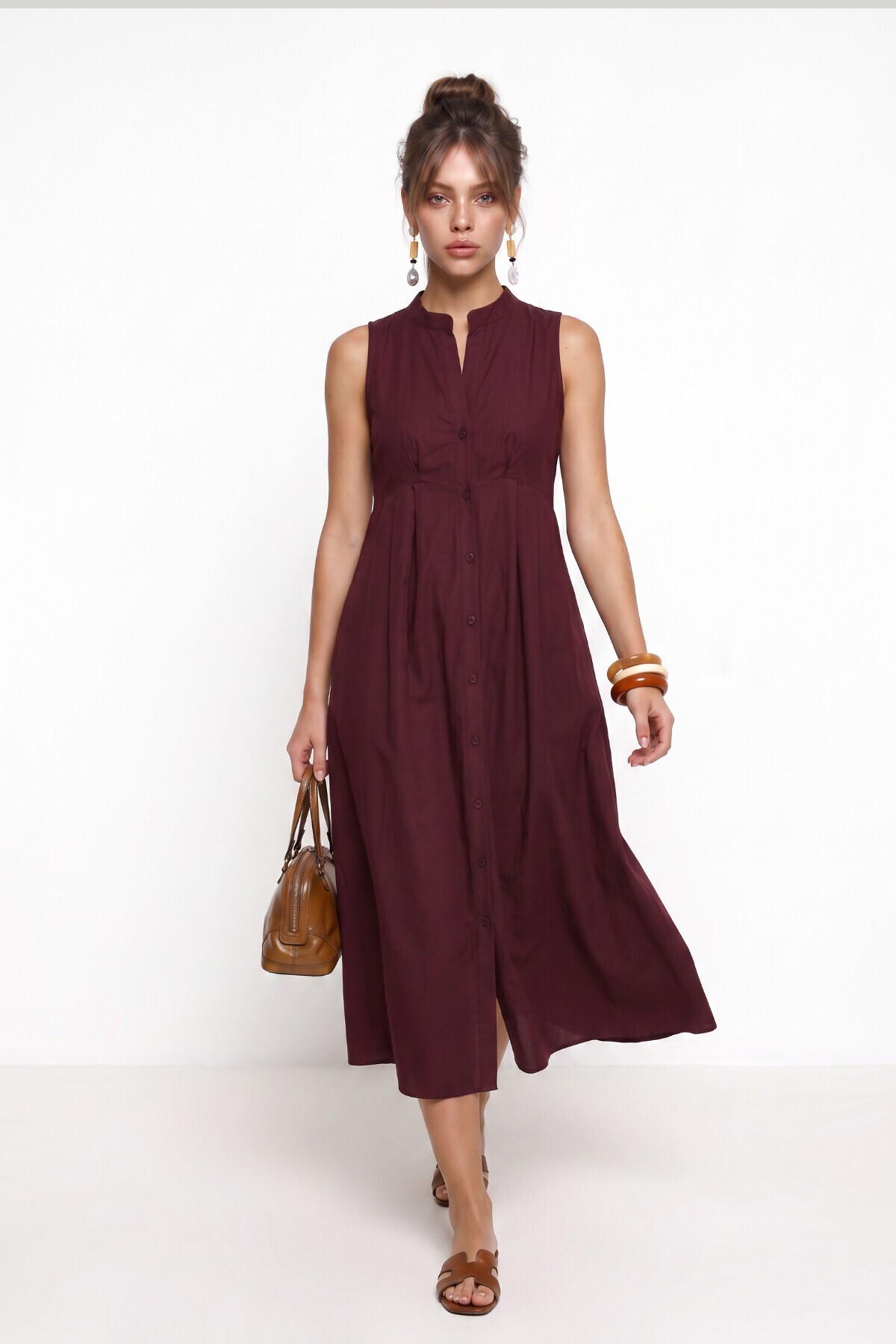 Kolsuz Midi Poplin Gömlek Elbise BORDO LMX0093