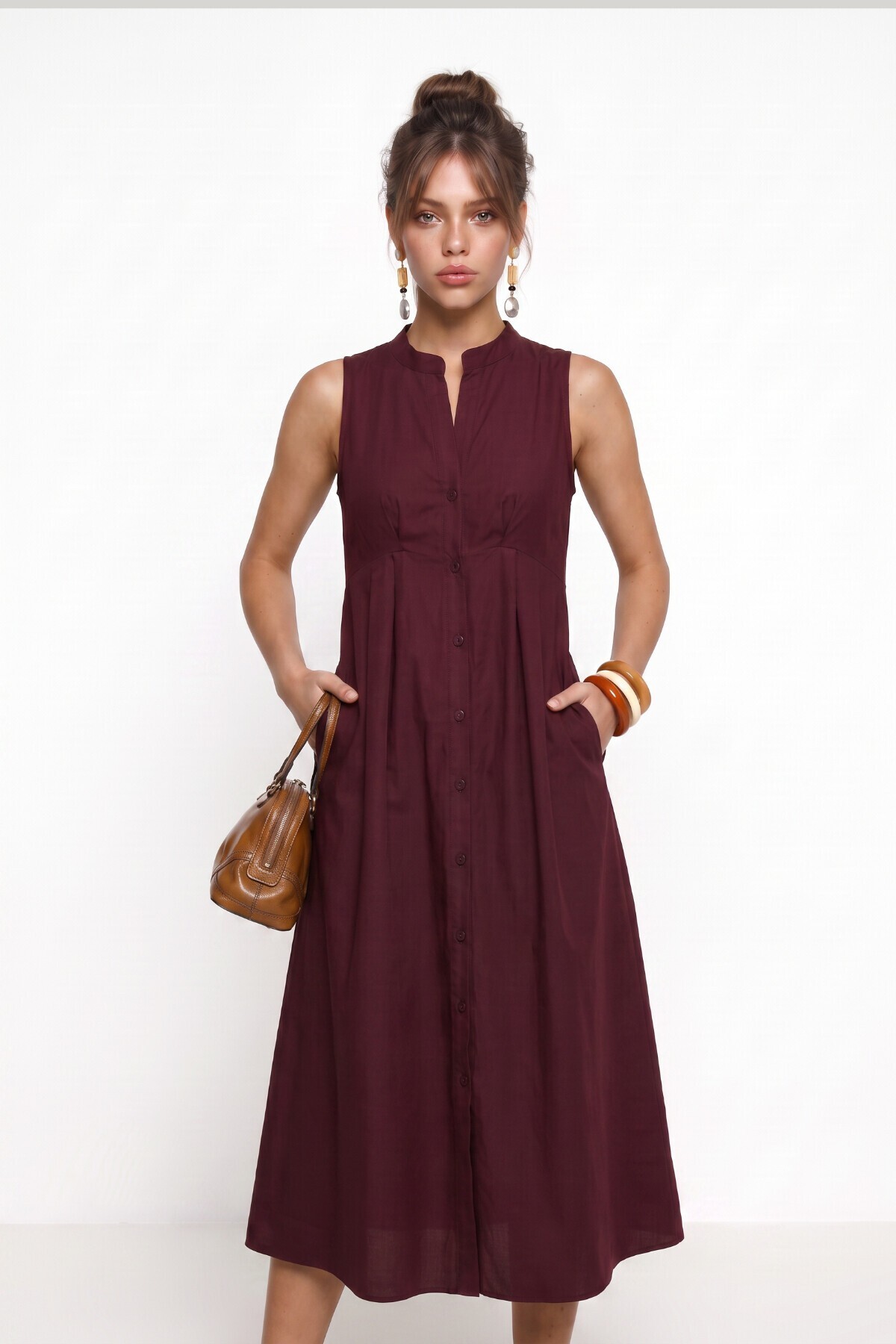Kolsuz Midi Poplin Gömlek Elbise BORDO LMX0093