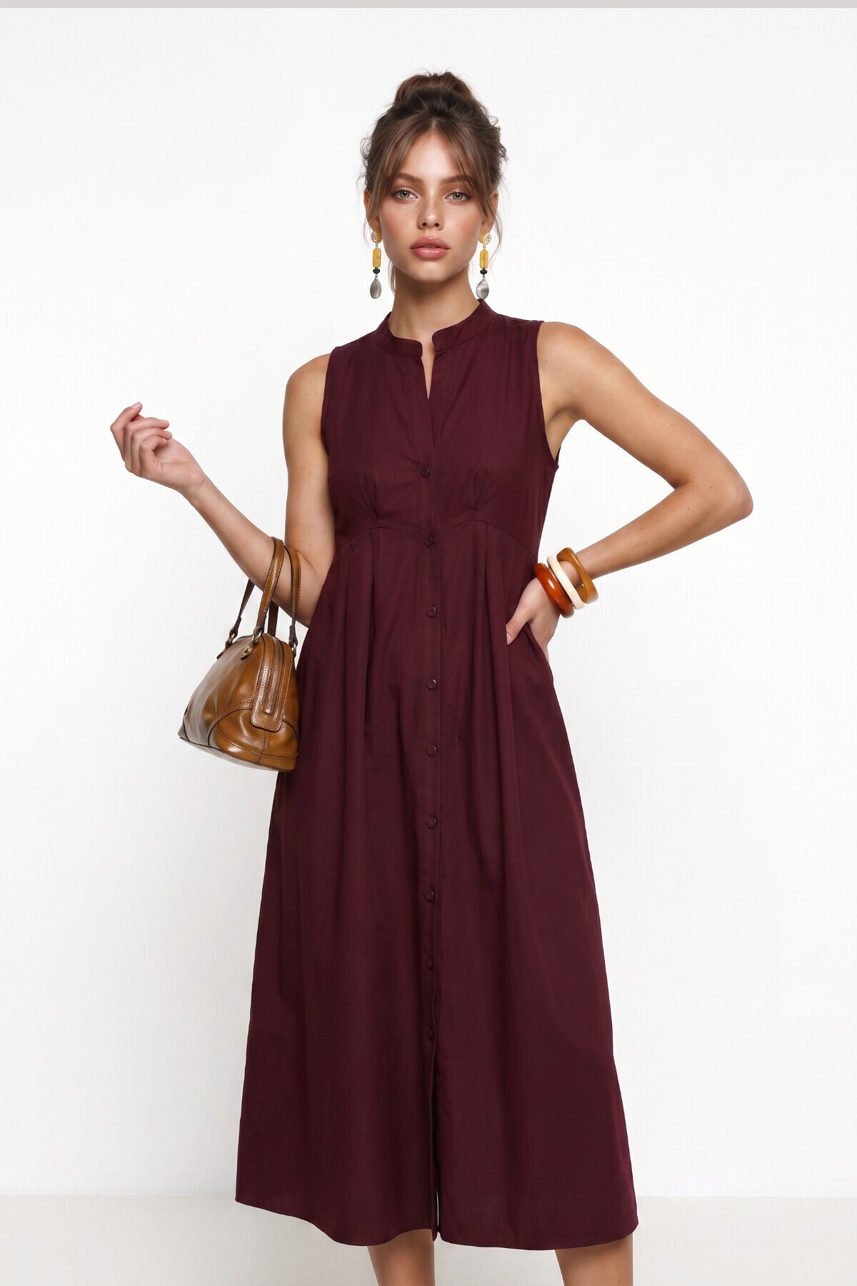 Kolsuz Midi Poplin Gömlek Elbise BORDO LMX0093