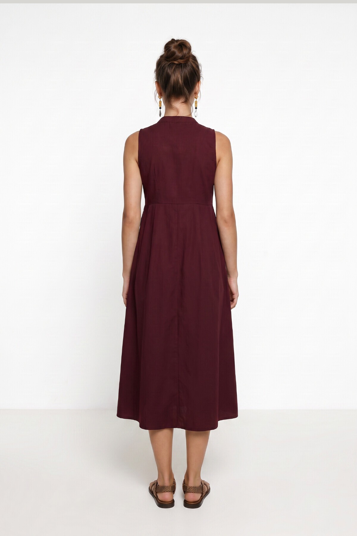 Kolsuz Midi Poplin Gömlek Elbise BORDO LMX0093
