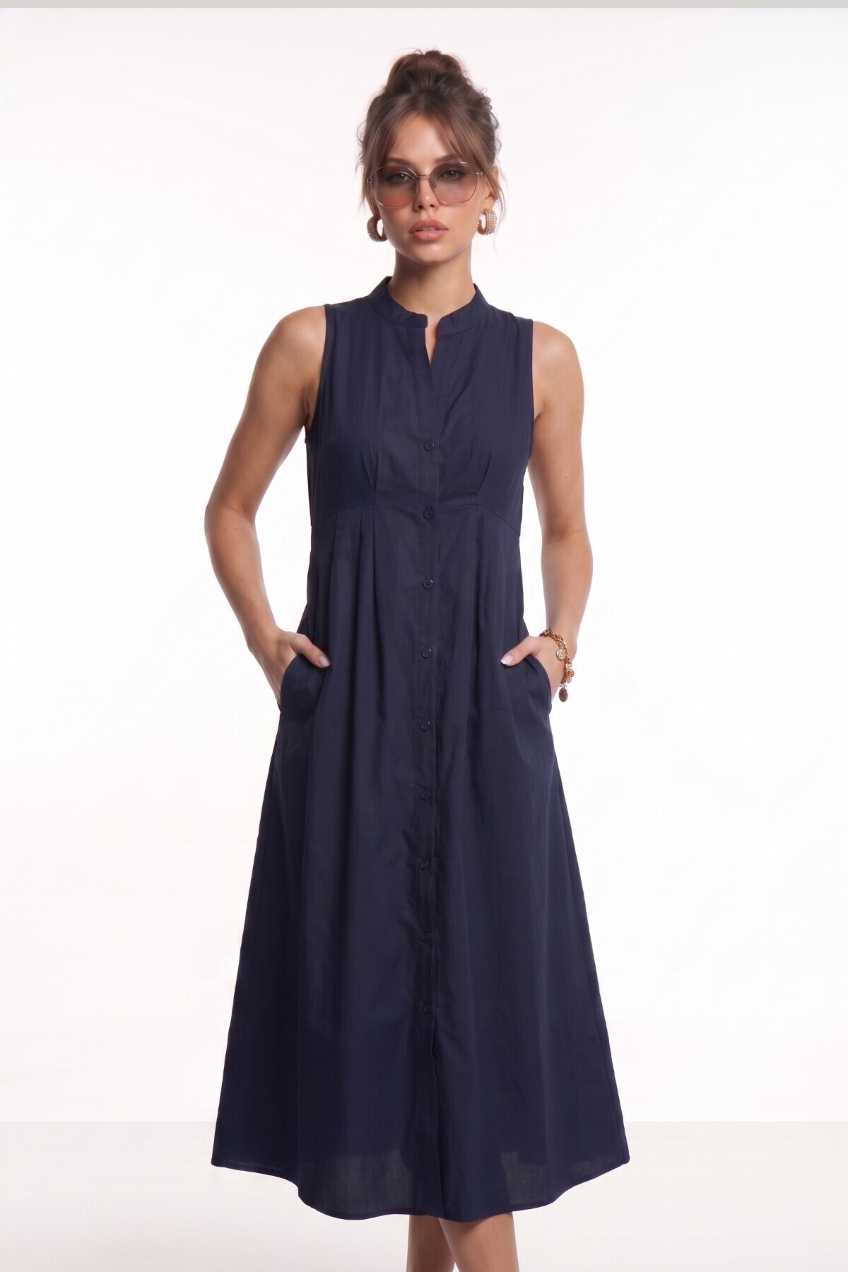 Kolsuz Midi Poplin Gömlek Elbise LACİVERT LMX0093
