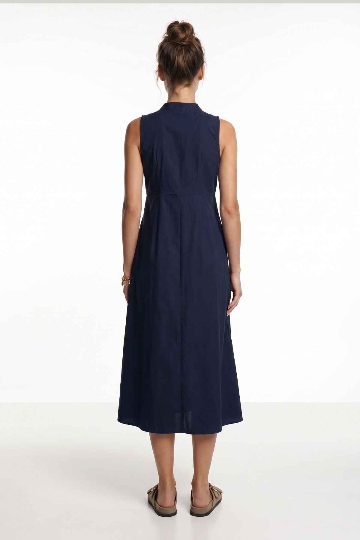 Kolsuz Midi Poplin Gömlek Elbise LACİVERT LMX0093