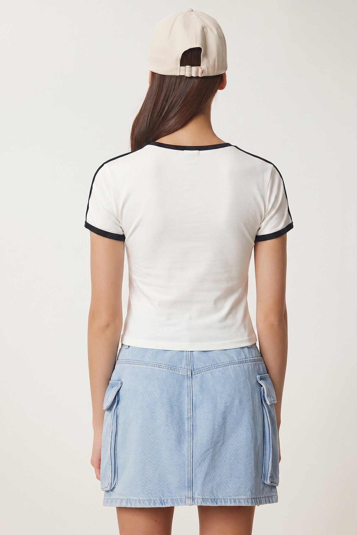 Kontrast Baskılı Pamuklu T-shirt BEYAZ LACİVERT LUB0346
