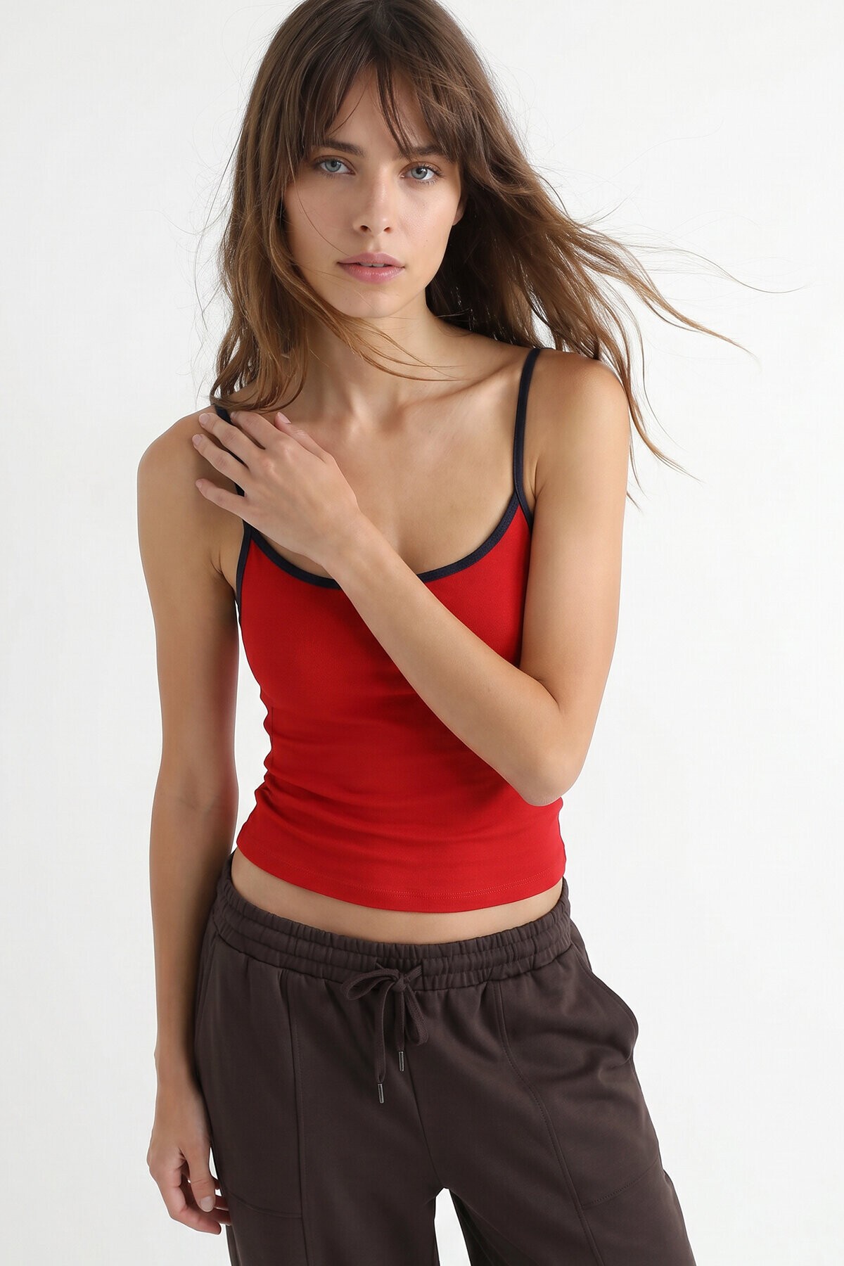 Kontrast Şeritli Askılı Örme Atlet KIRMIZI LACİVERT LUB0373