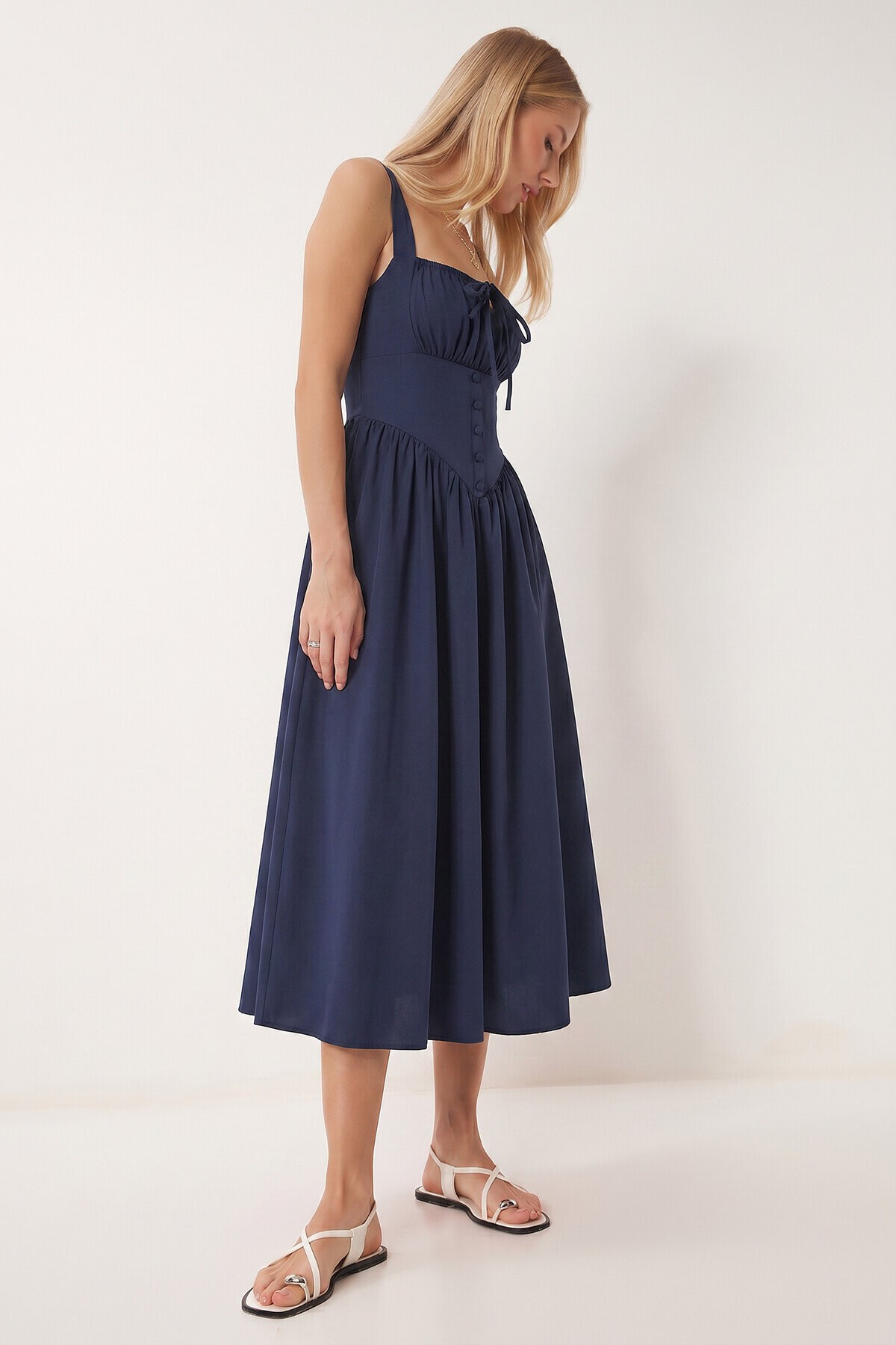 Korse Görünümlü Poplin Midi Elbise LACİVERT LUB0354