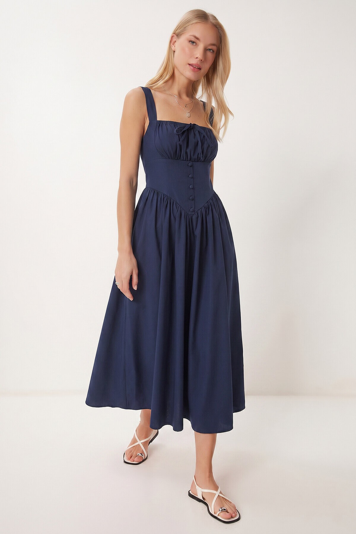 Korse Görünümlü Poplin Midi Elbise LACİVERT LUB0354
