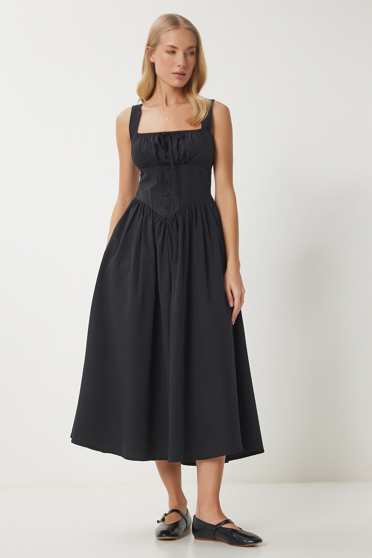 Korse Görünümlü Poplin Midi Elbise SİYAH LUB0354