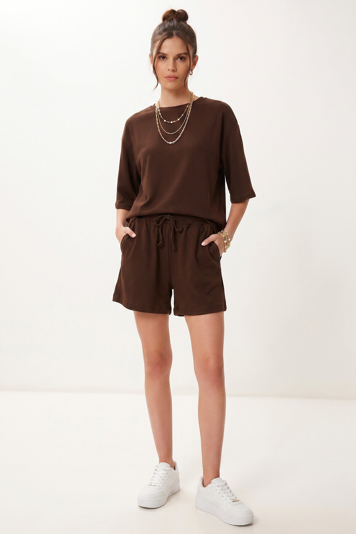 Modal Oversize T-shirt Şort Takım KAHVERENGİ LUB0379