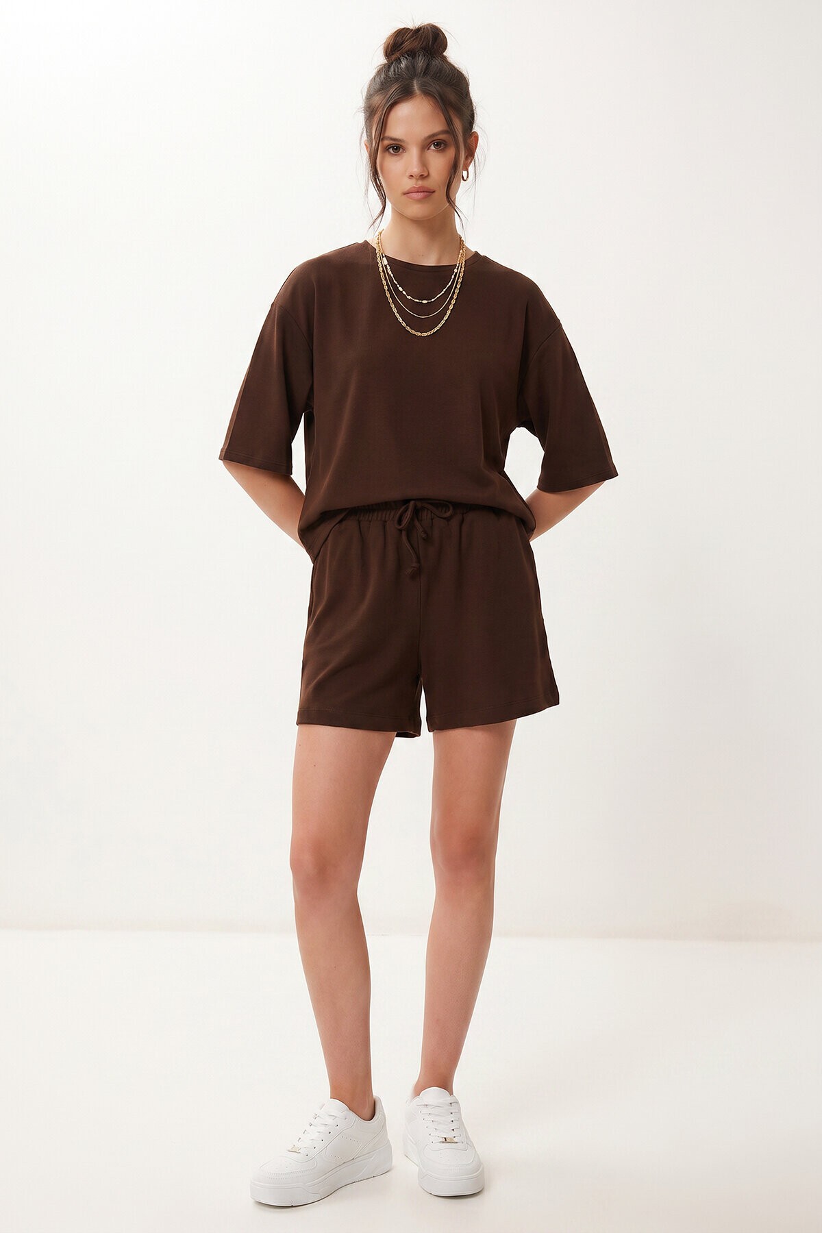 Modal Oversize T-shirt Şort Takım KAHVERENGİ LUB0379