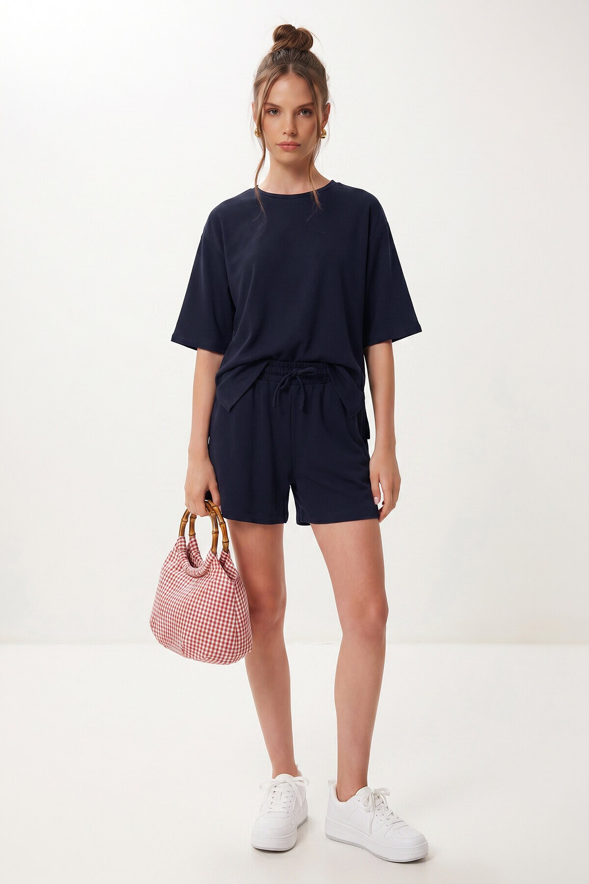Modal Oversize T-shirt Şort Takım LACİVERT LUB0379