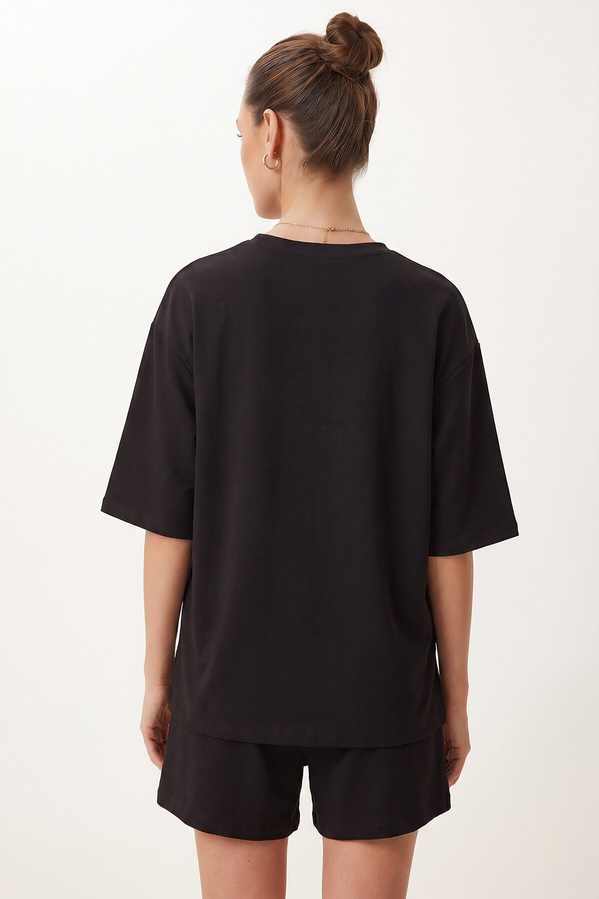 Modal Oversize T-shirt Şort Takım SİYAH LUB0379