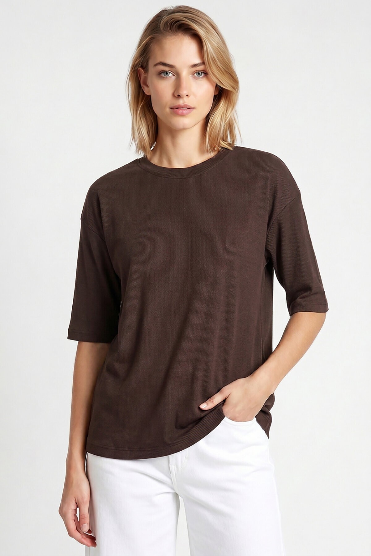 Oversize Basic Fitilli Modal T-shirt ACI KAHVE LUB0361