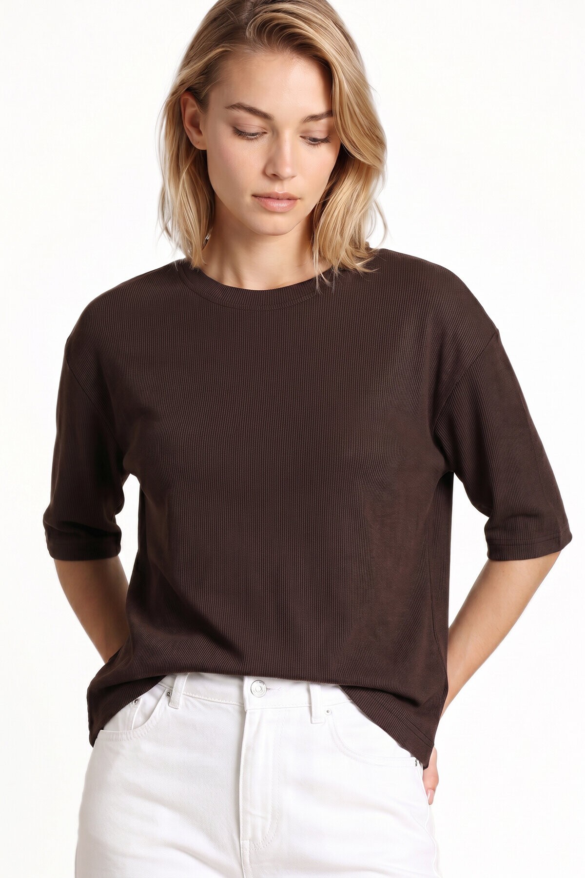 Oversize Basic Fitilli Modal T-shirt ACI KAHVE LUB0361