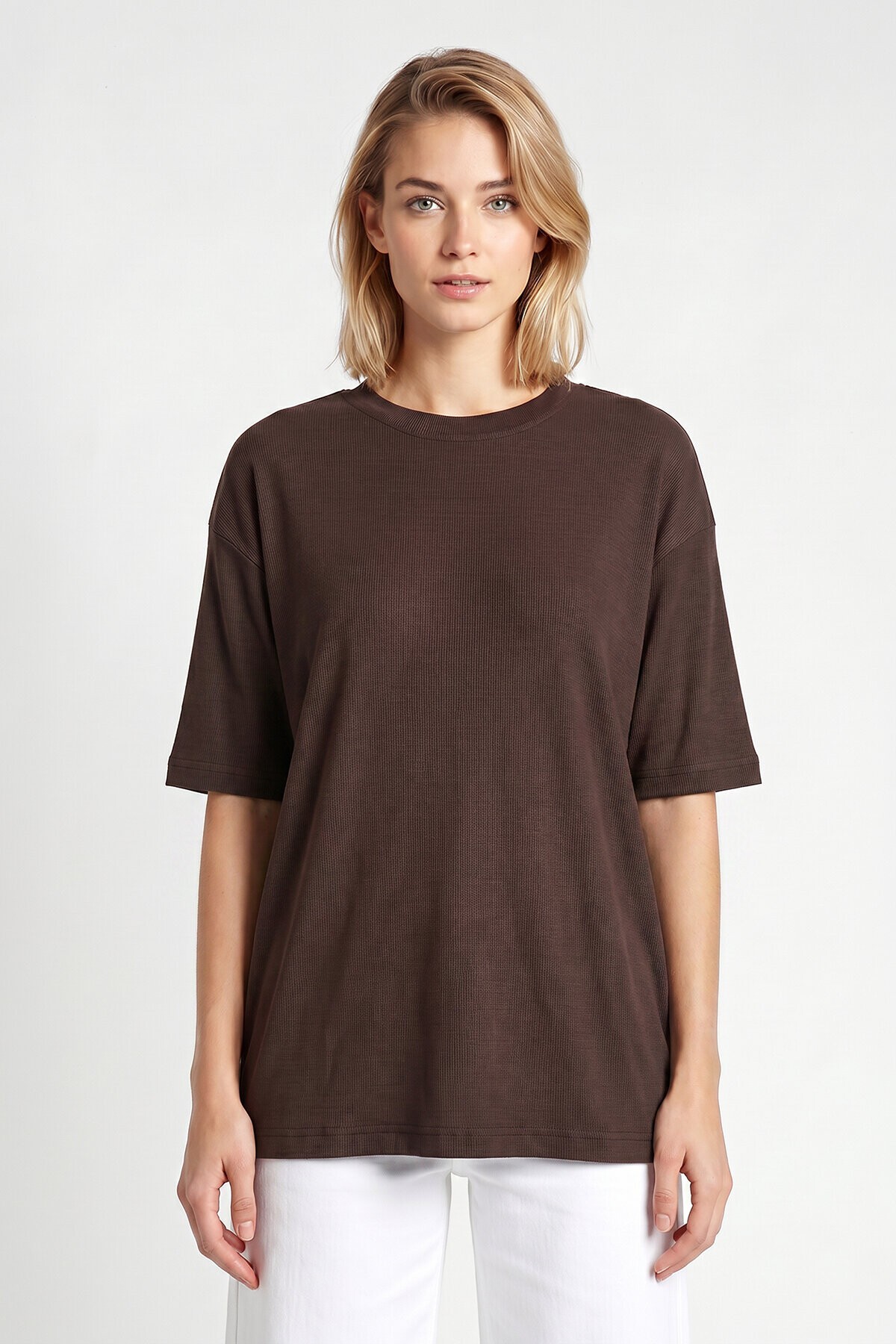Oversize Basic Fitilli Modal T-shirt ACI KAHVE LUB0361