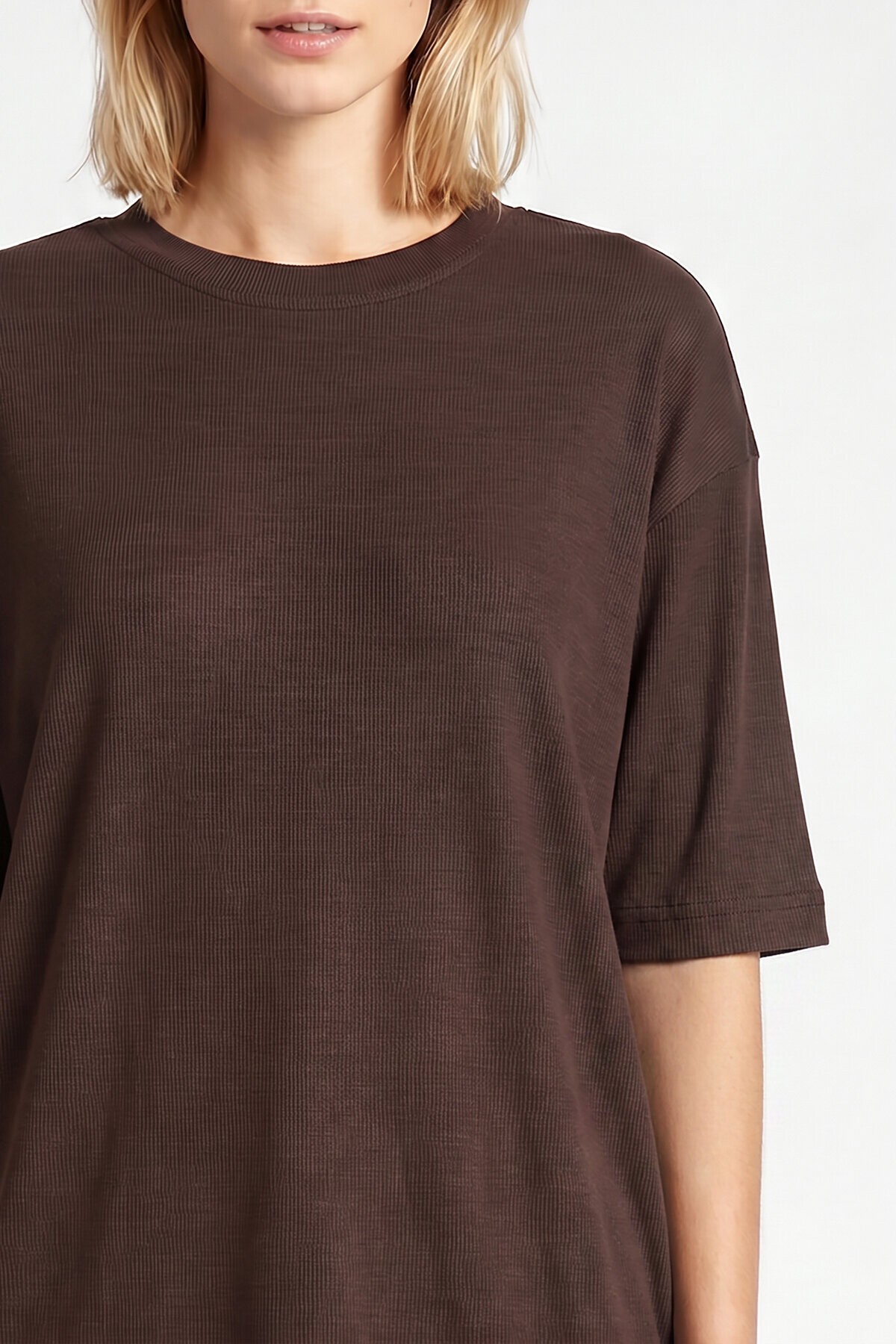 Oversize Basic Fitilli Modal T-shirt ACI KAHVE LUB0361