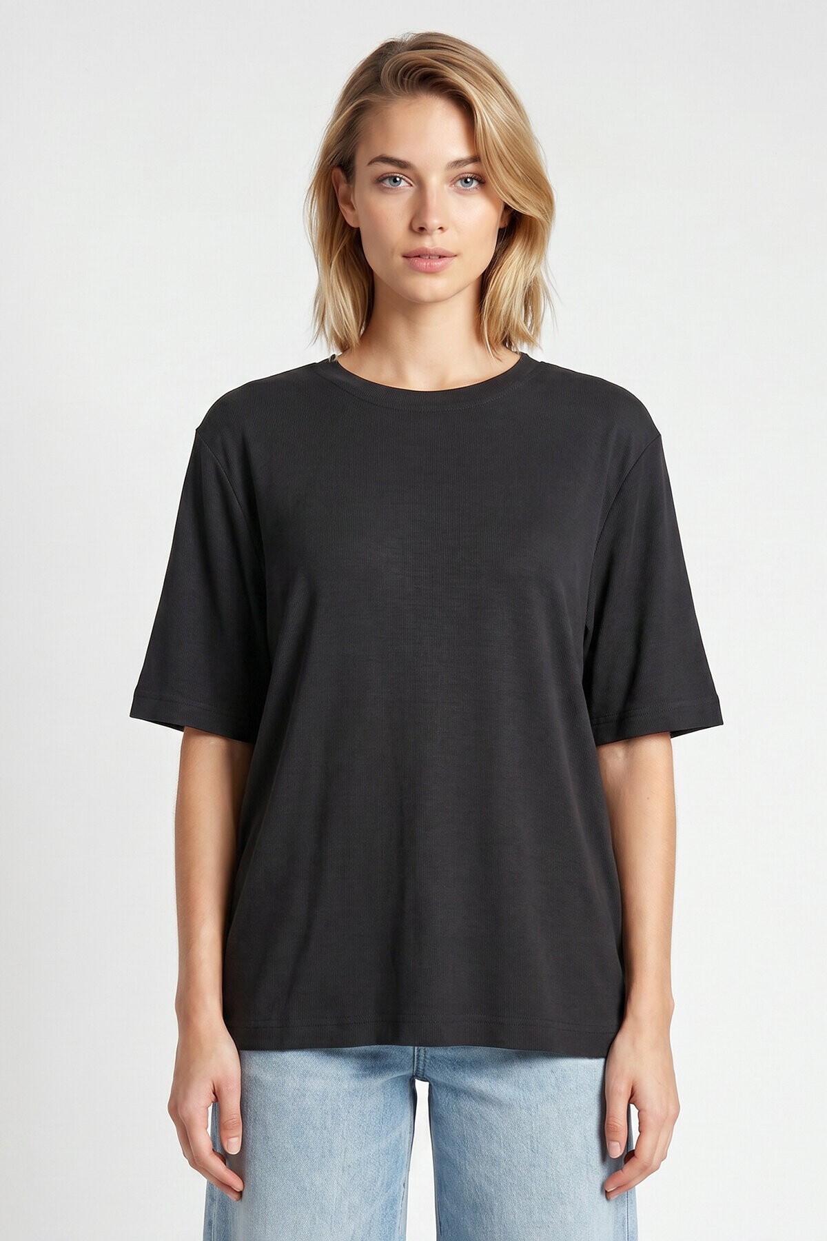 Oversize Basic Fitilli Modal T-shirt ANTRASİT LUB0361
