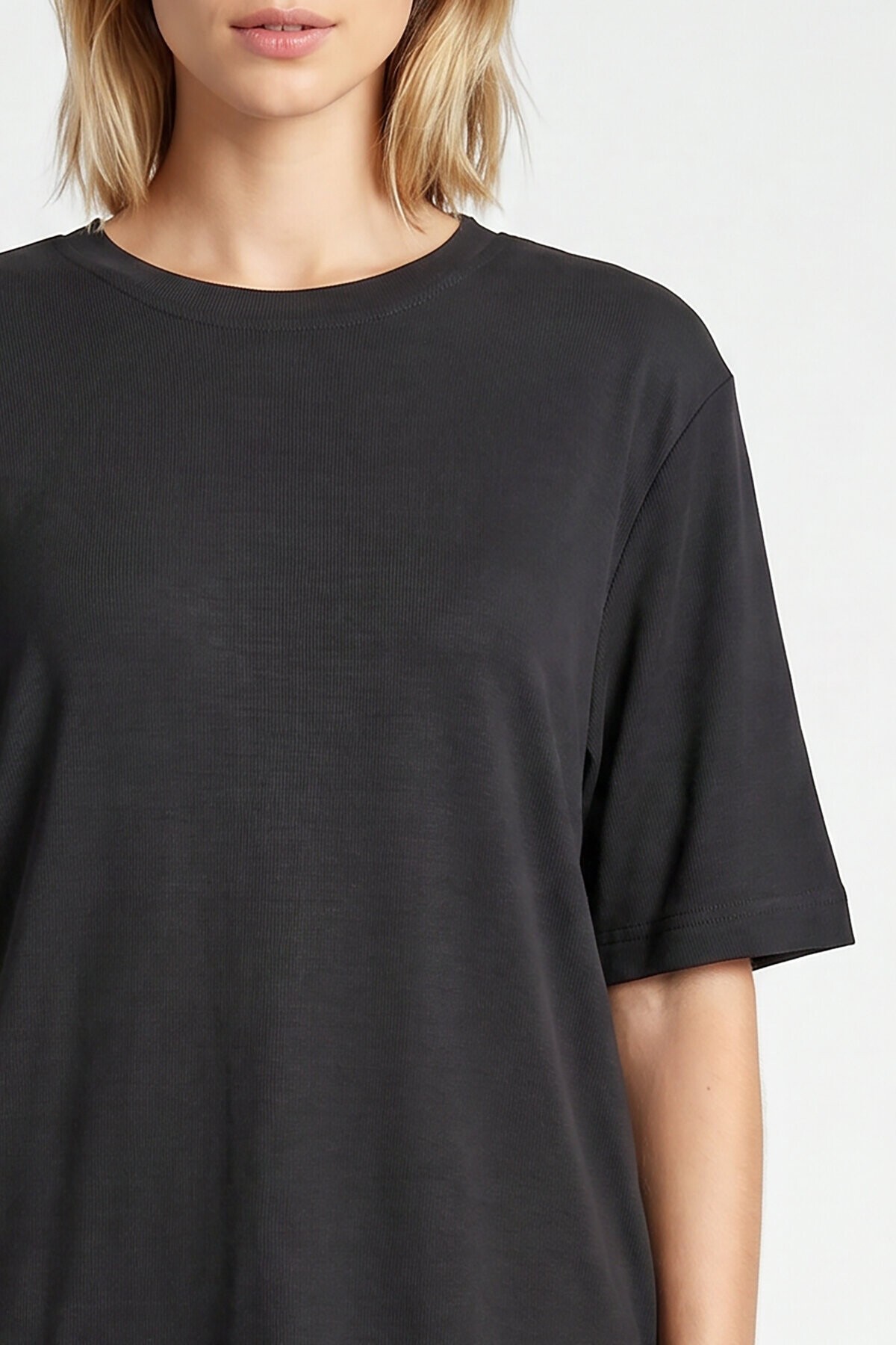 Oversize Basic Fitilli Modal T-shirt ANTRASİT LUB0361