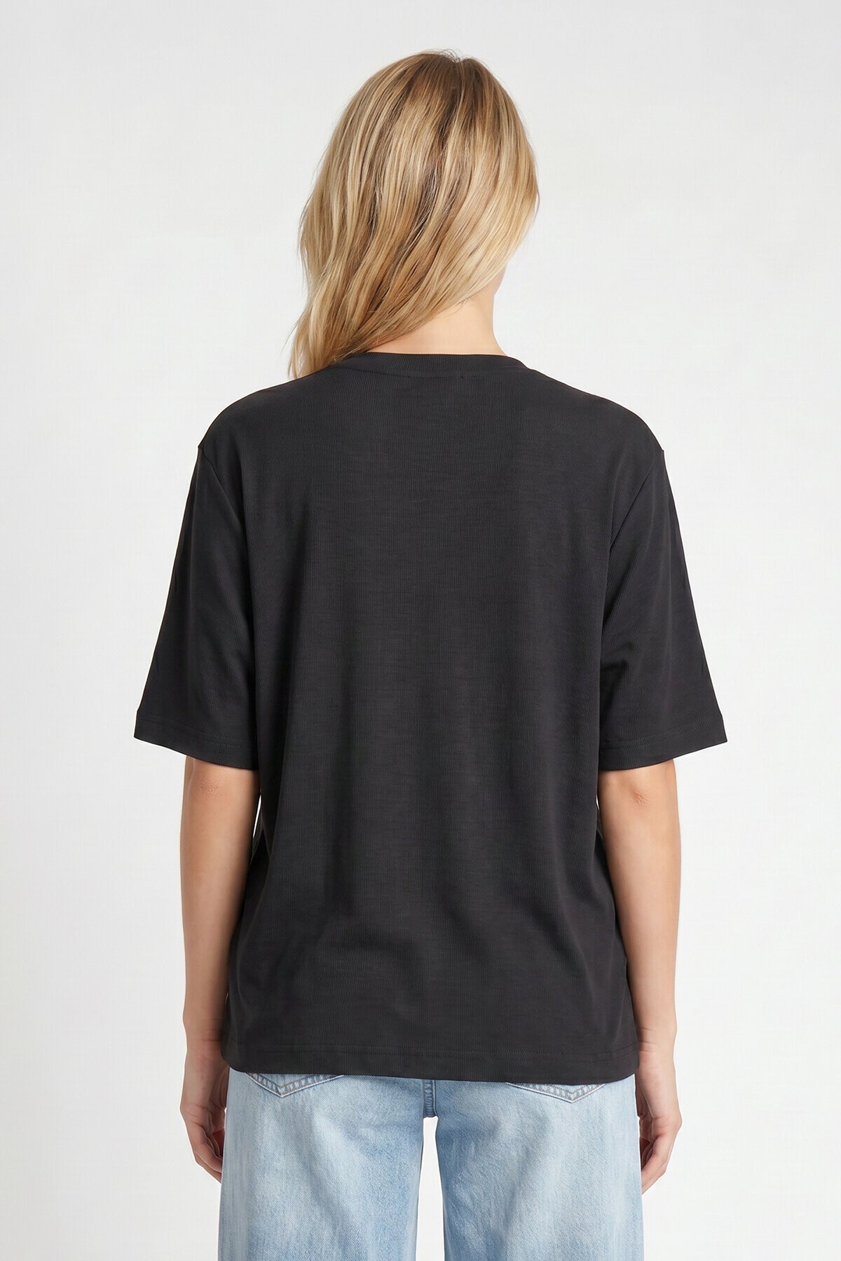 Oversize Basic Fitilli Modal T-shirt ANTRASİT LUB0361