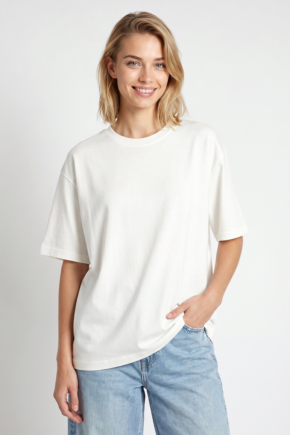 Oversize Basic Fitilli Modal T-shirt EKRU LUB0361