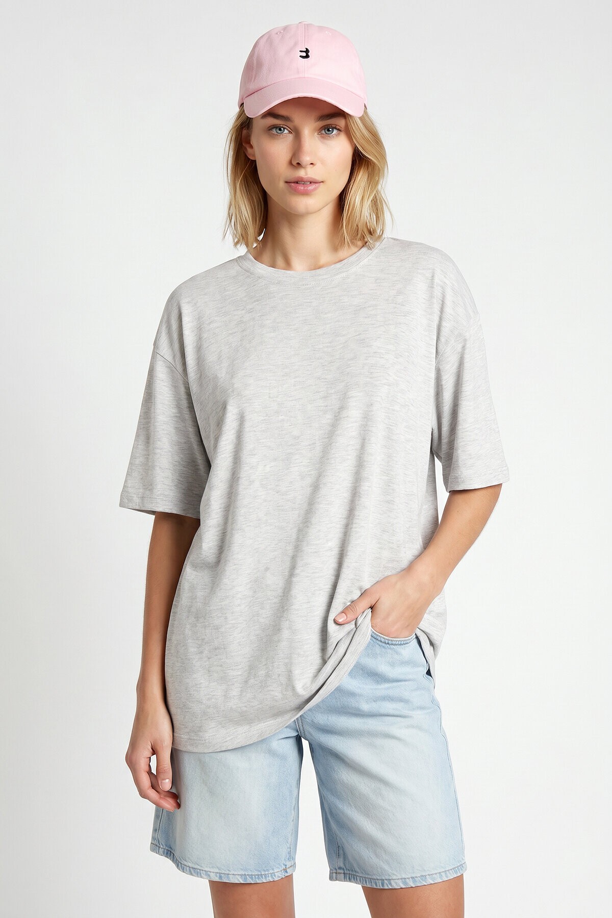Oversize Basic Fitilli Modal T-shirt GRİ MELANJ LUB0361