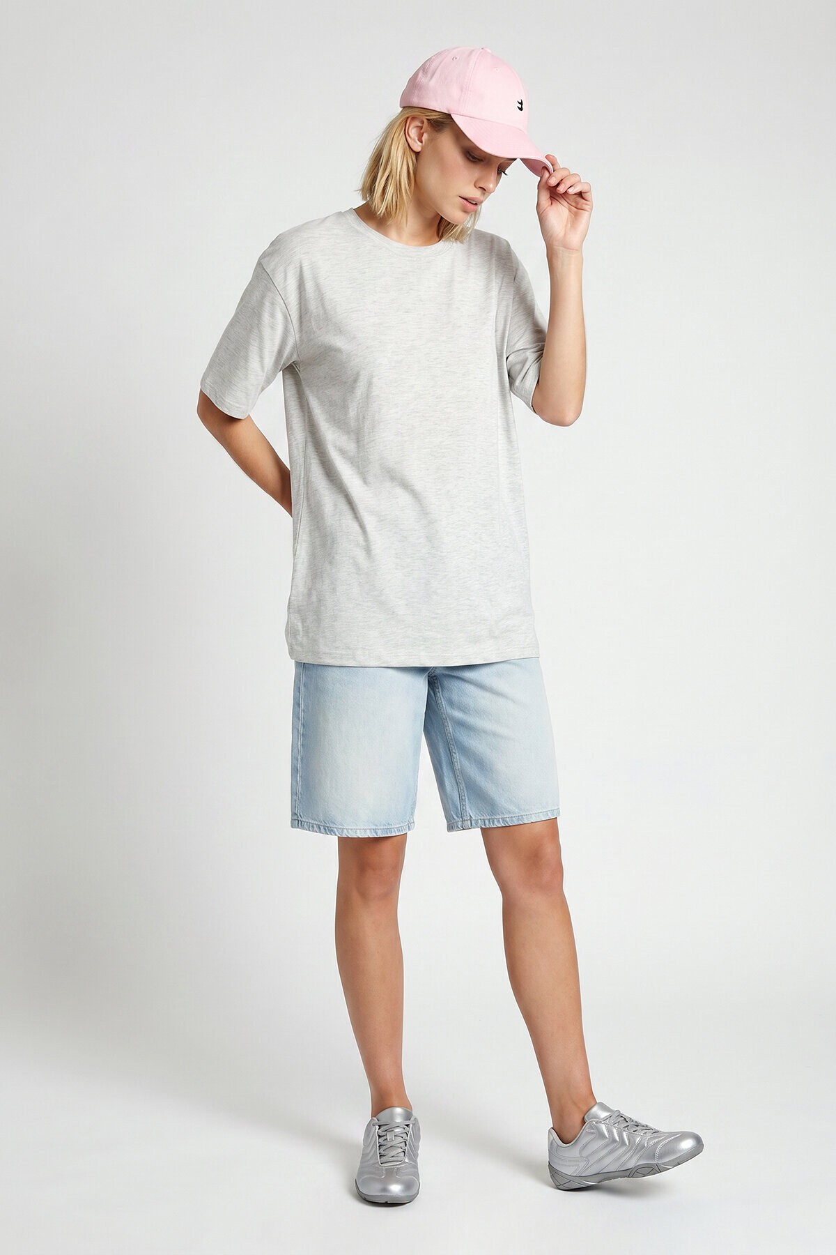 Oversize Basic Fitilli Modal T-shirt GRİ MELANJ LUB0361