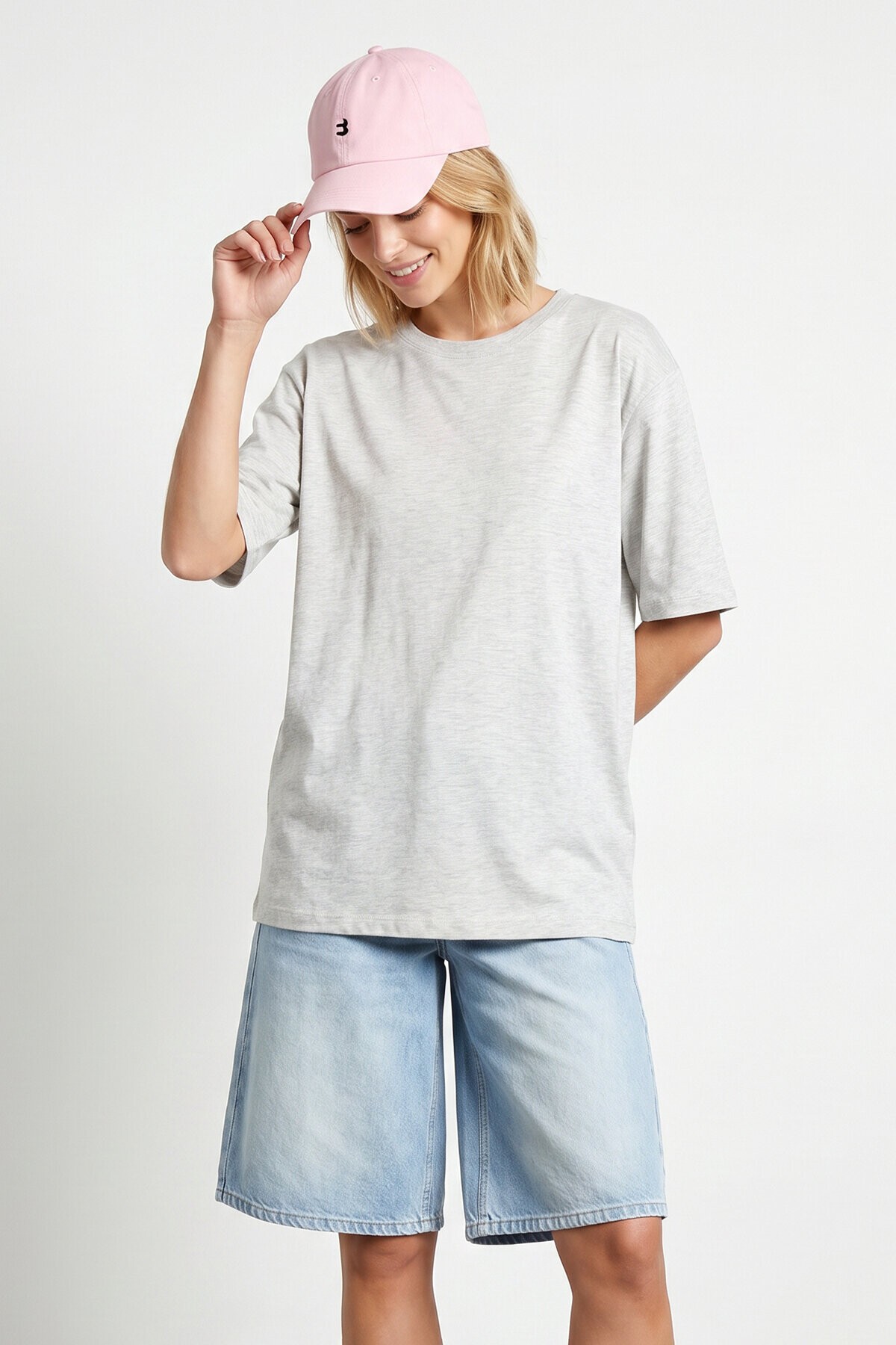 Oversize Basic Fitilli Modal T-shirt GRİ MELANJ LUB0361