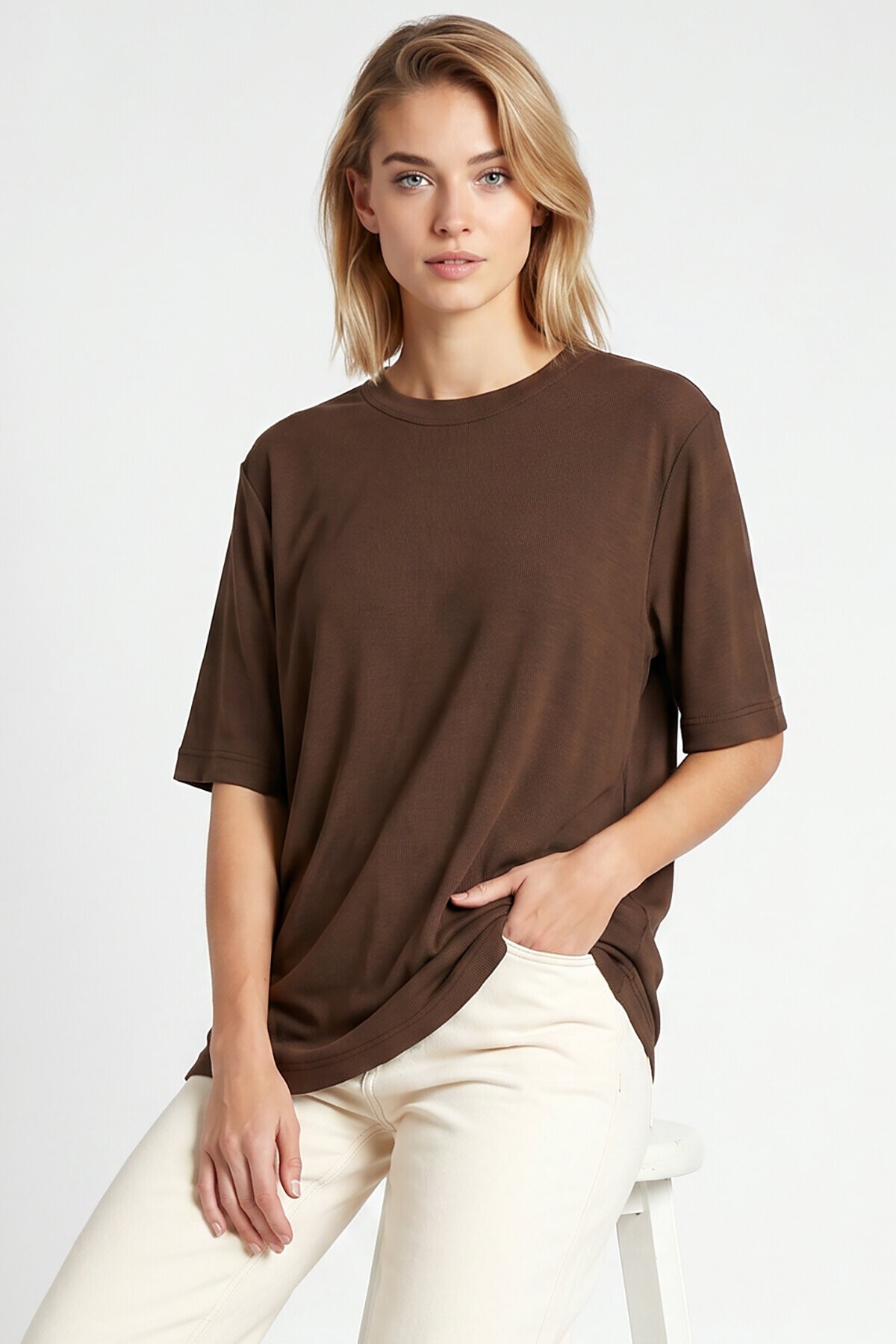 Oversize Basic Fitilli Modal T-shirt KAHVERENGİ LUB0361