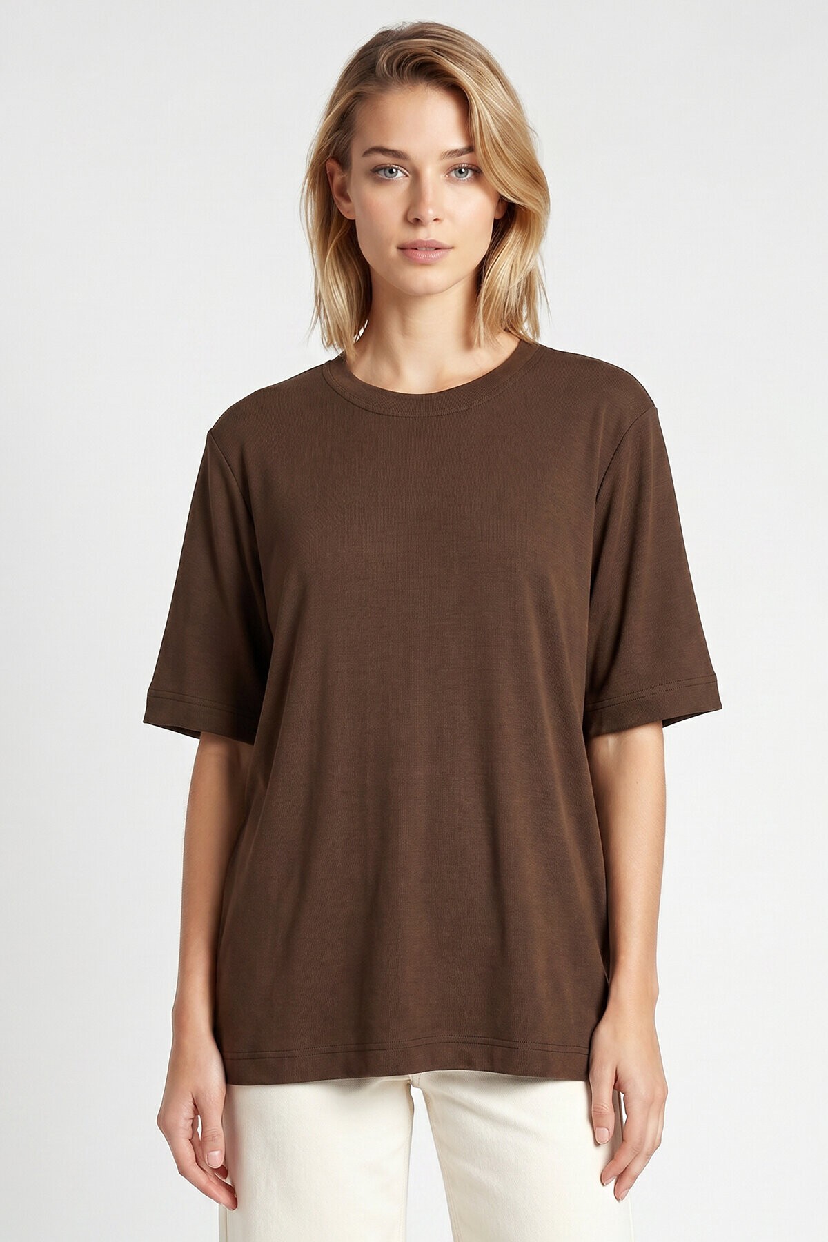Oversize Basic Fitilli Modal T-shirt KAHVERENGİ LUB0361