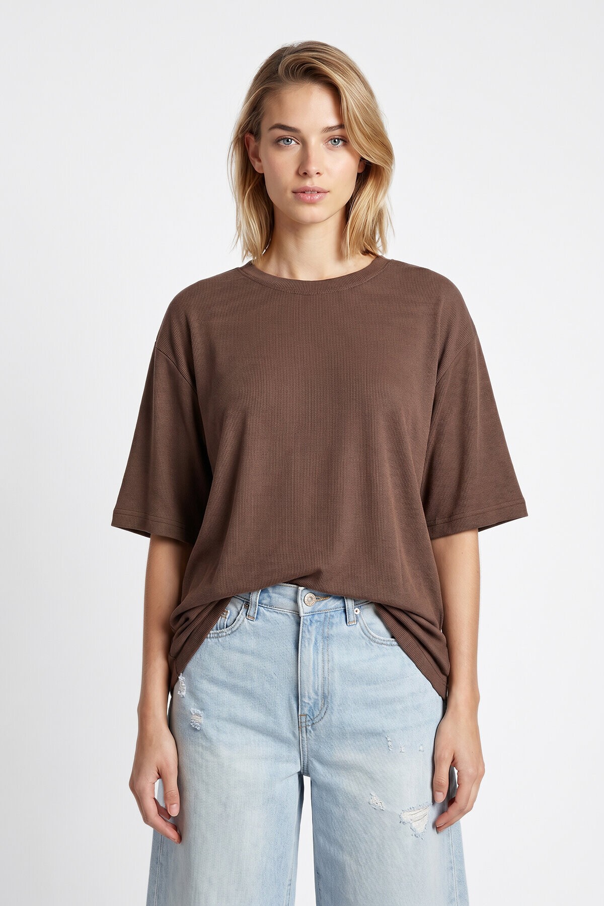 Oversize Basic Fitilli Modal T-shirt VİZON LUB0361