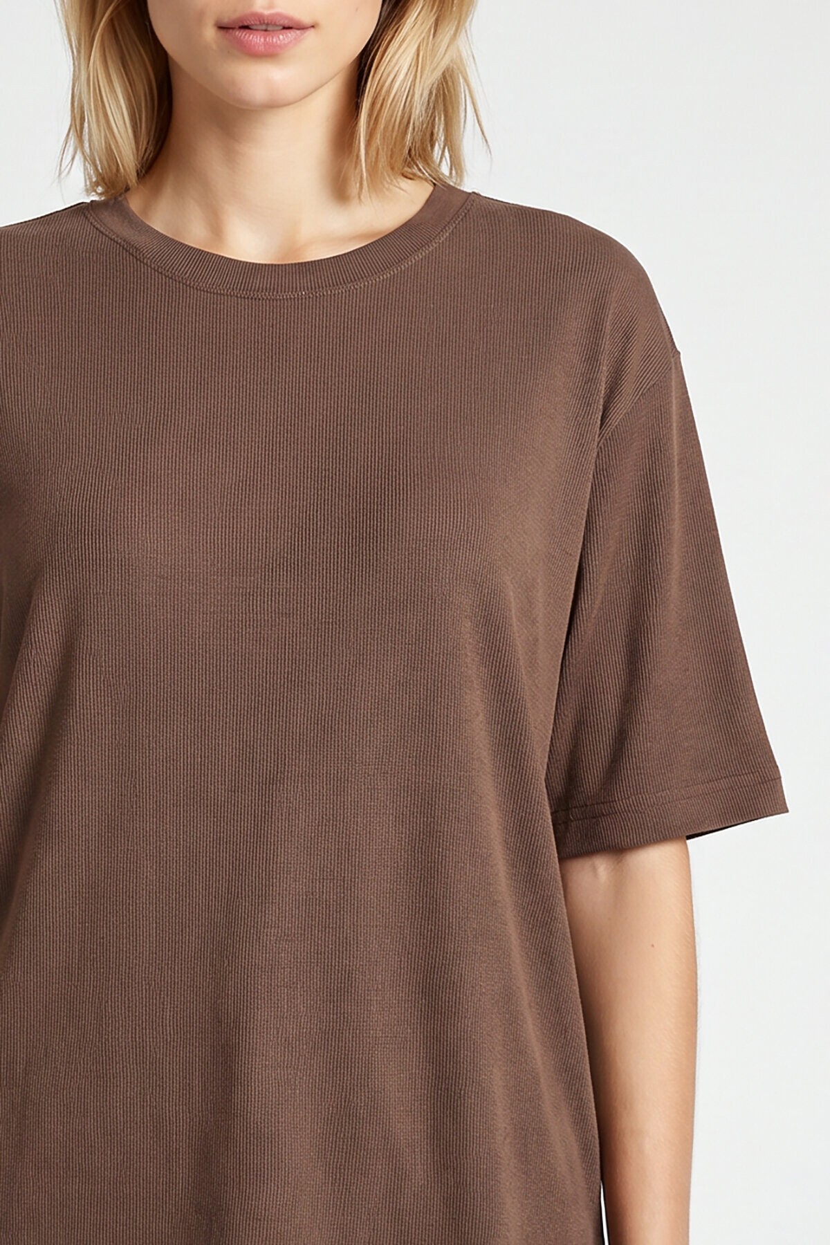 Oversize Basic Fitilli Modal T-shirt VİZON LUB0361