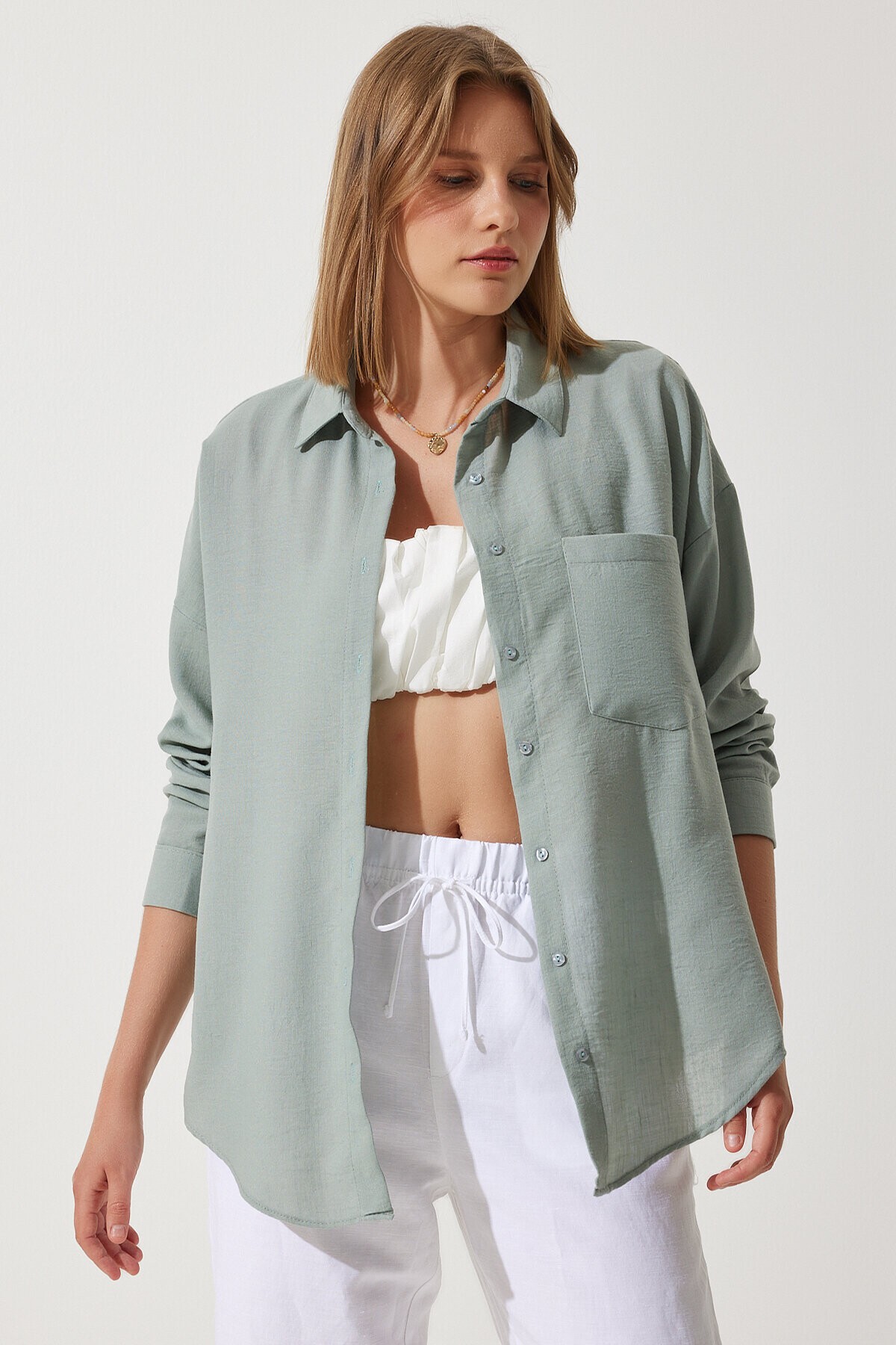 Oversize Basic Keten Ayrobin Gömlek ÇAĞLA YEŞİLİ LDD0009