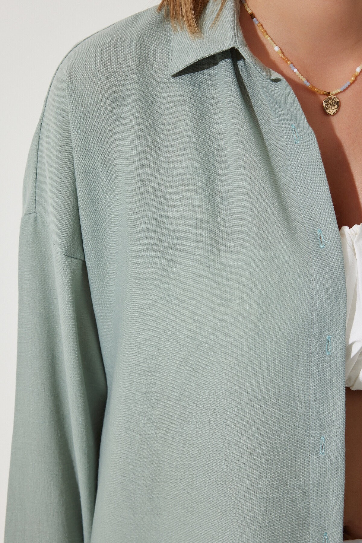 Oversize Basic Keten Ayrobin Gömlek ÇAĞLA YEŞİLİ LDD0009