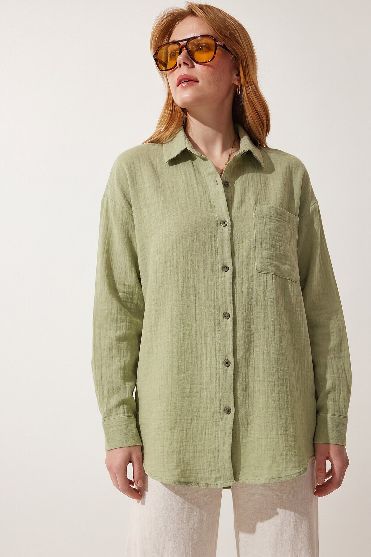Oversize Basic Müslin Gömlek AÇIK ÇAĞLA YEŞİLİ LMX0002