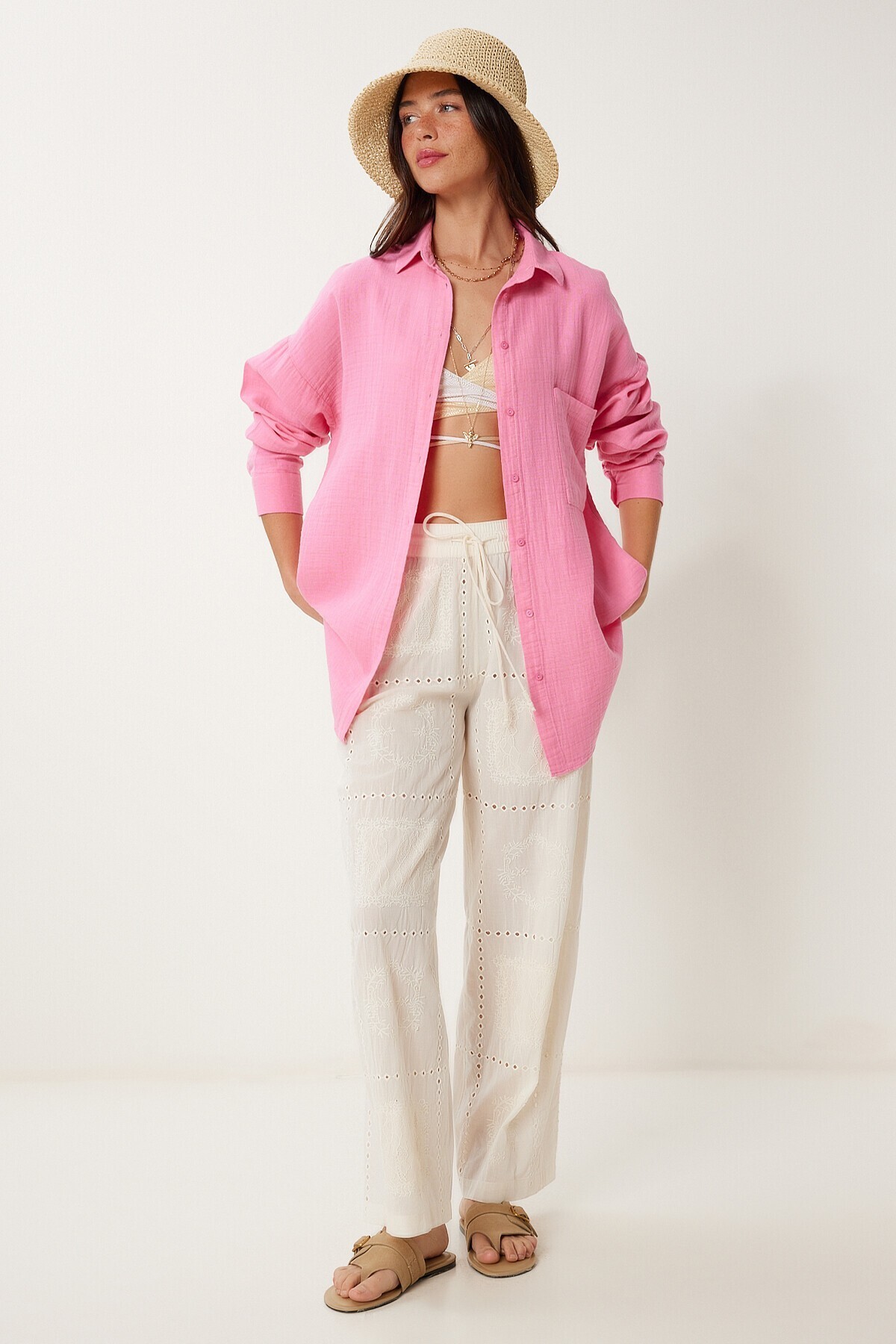 Oversize Basic Müslin Gömlek AÇIK PEMBE LMX0002
