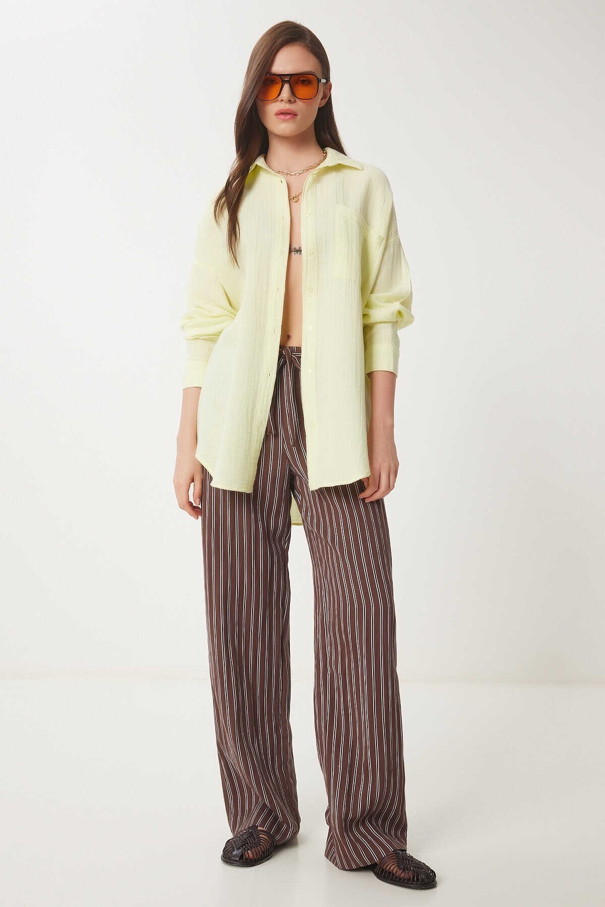 Oversize Basic Müslin Gömlek AÇIK SARI LMX0002