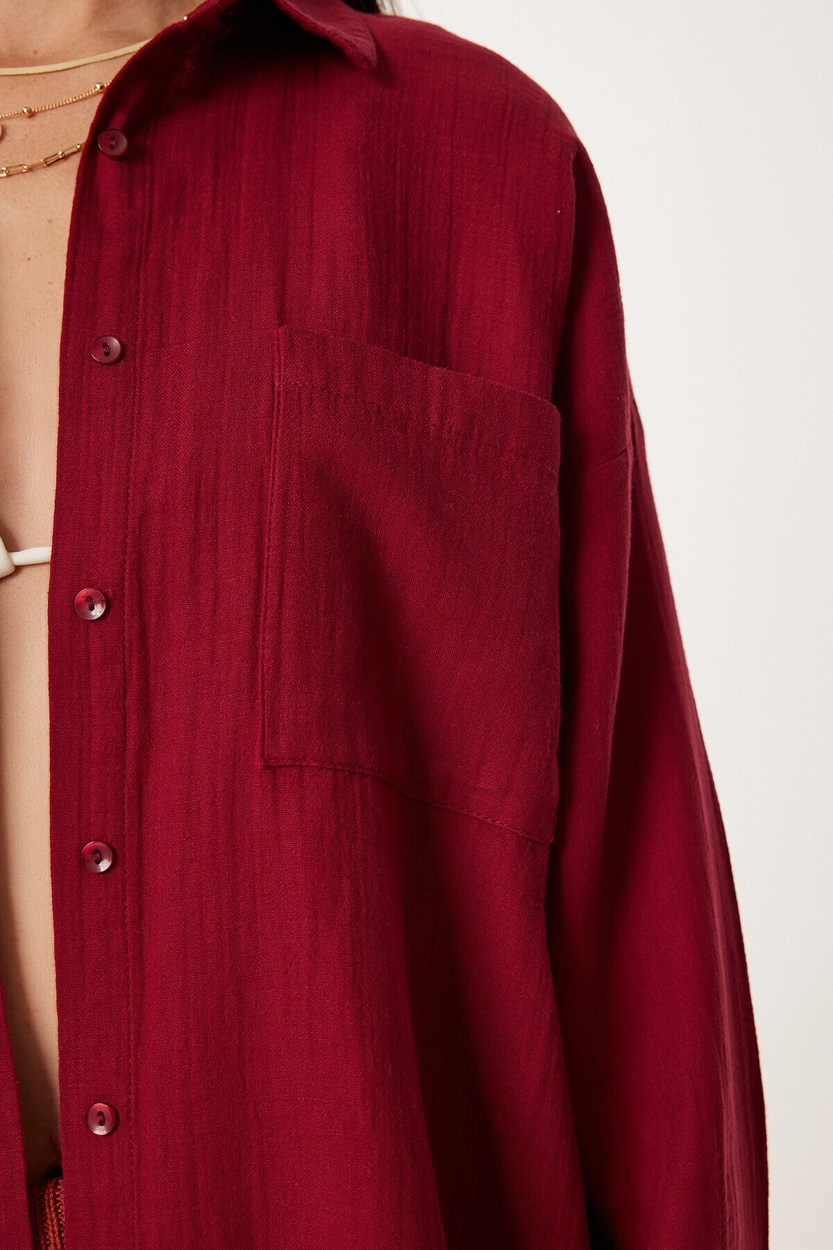 Oversize Basic Müslin Gömlek BORDO LMX0002