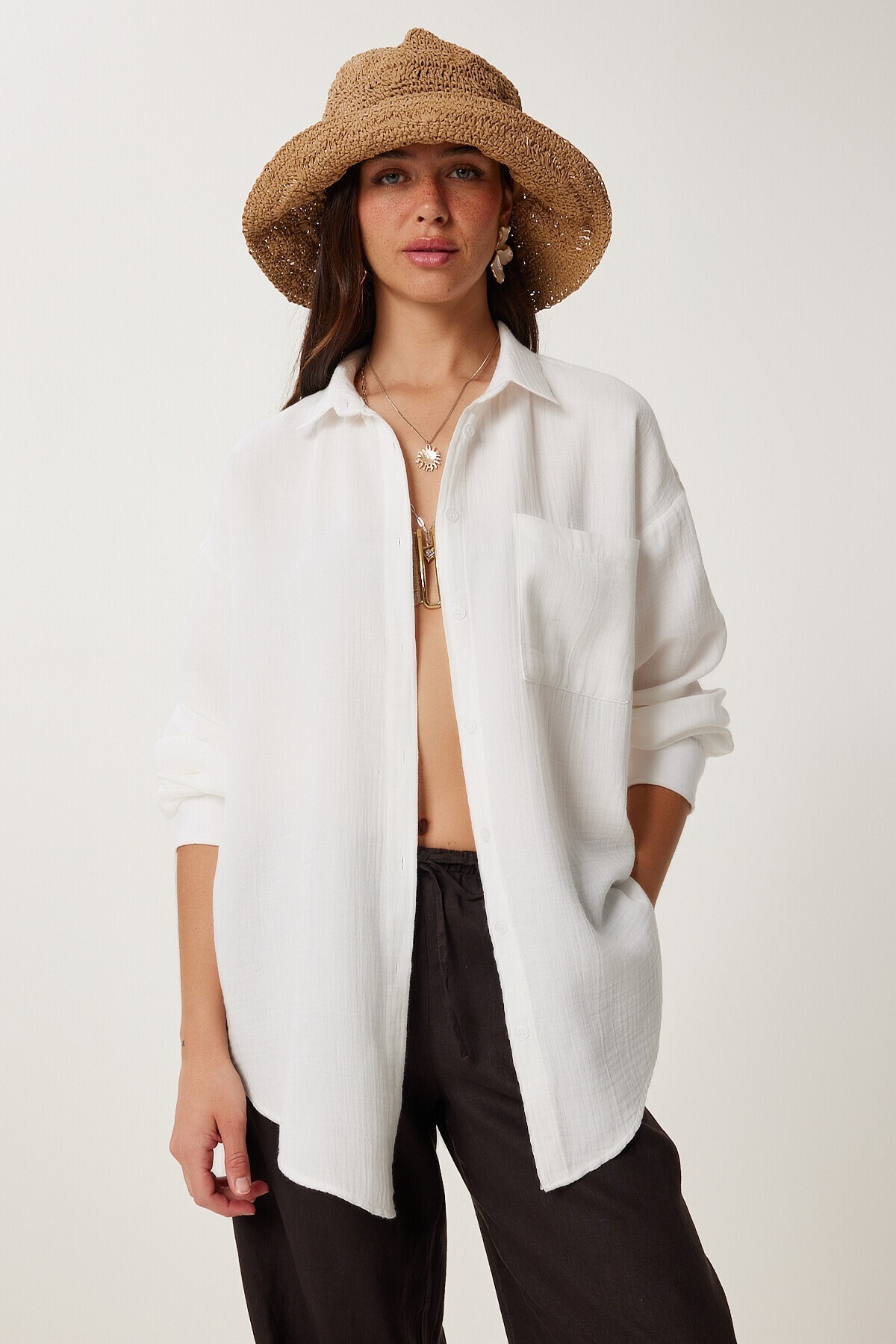 Oversize Basic Müslin Gömlek EKRU LMX0002
