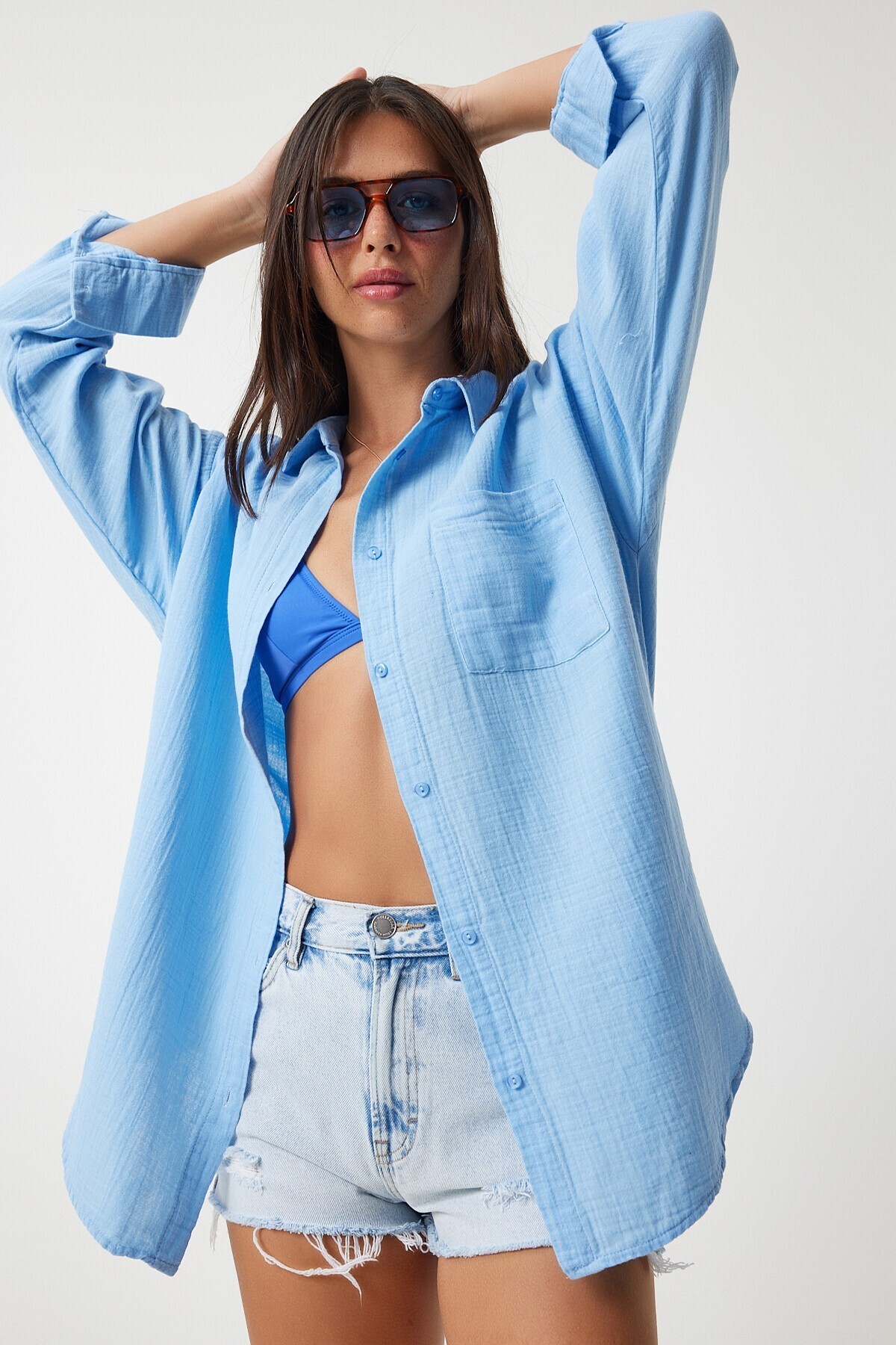 Oversize Basic Müslin Gömlek GÖK MAVİ LMX0002