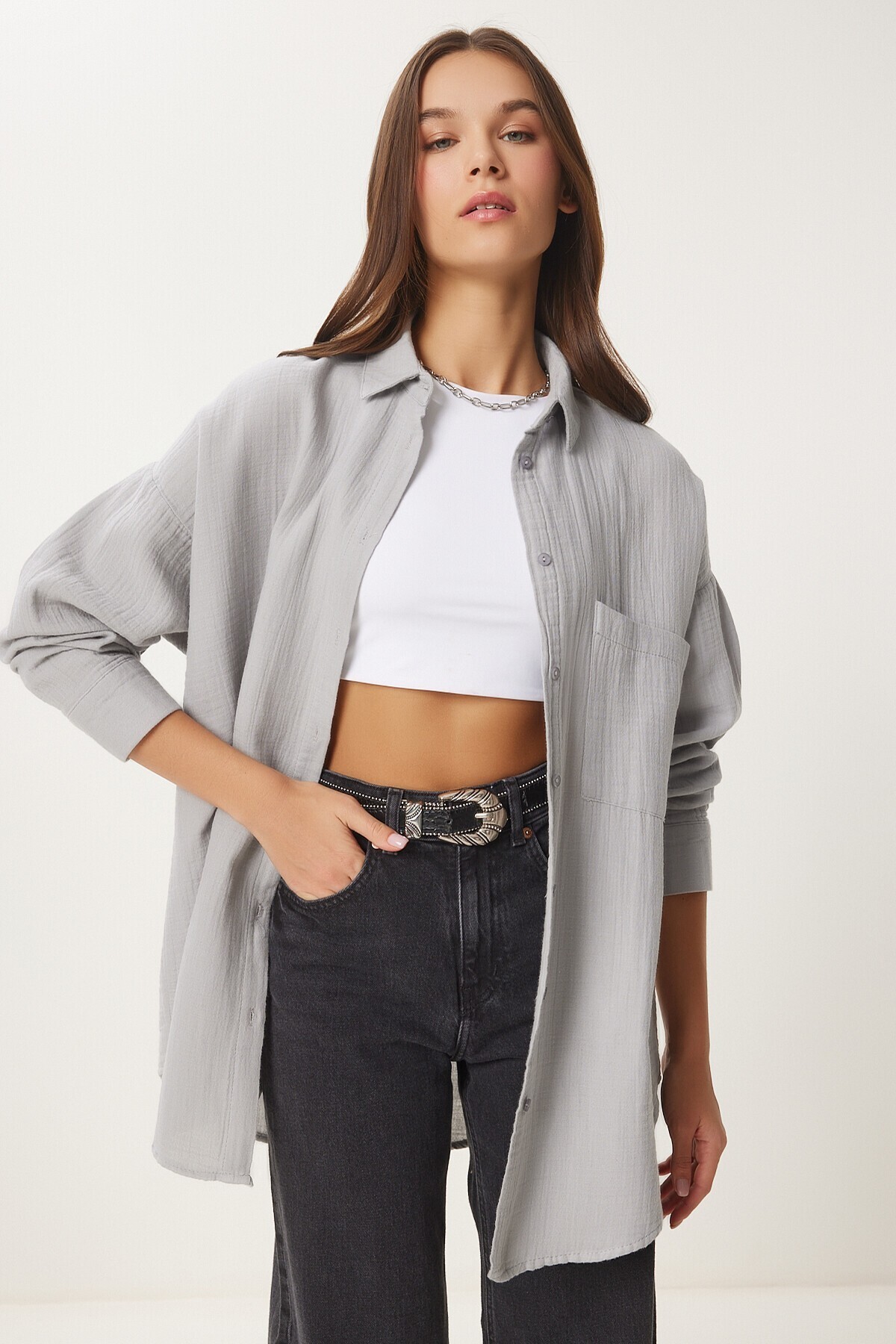 Oversize Basic Müslin Gömlek GRİ LMX0002