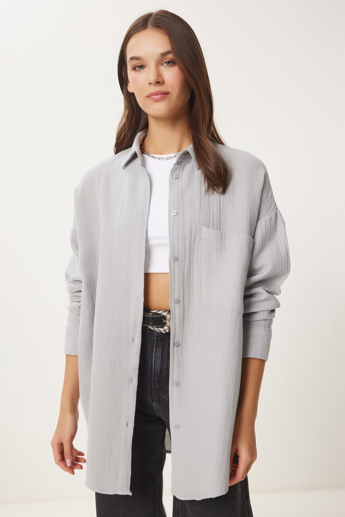 Oversize Basic Müslin Gömlek GRİ LMX0002
