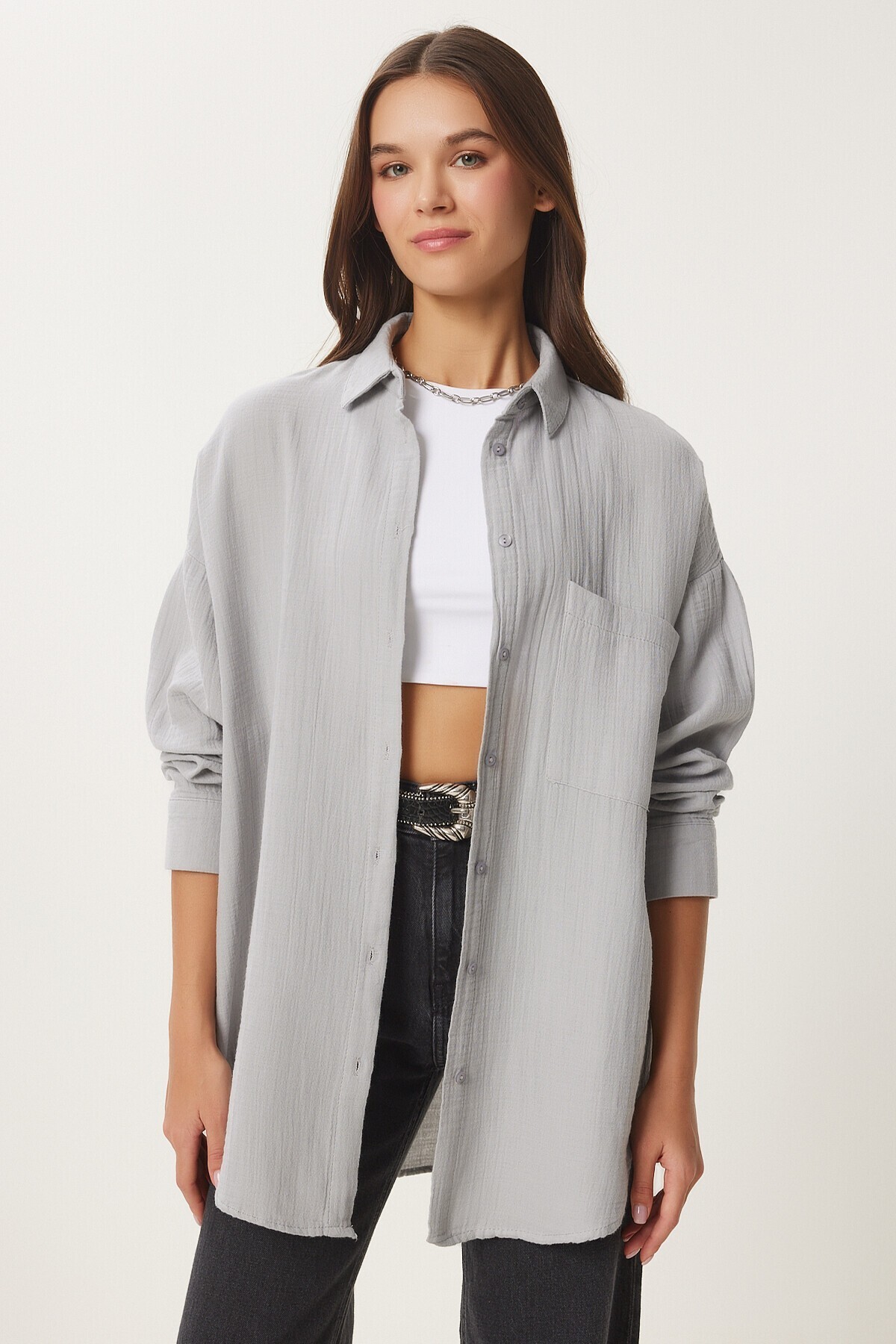 Oversize Basic Müslin Gömlek GRİ LMX0002