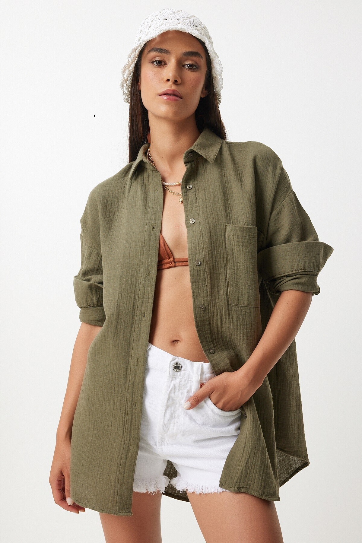 Oversize Basic Müslin Gömlek HAKİ LMX0002