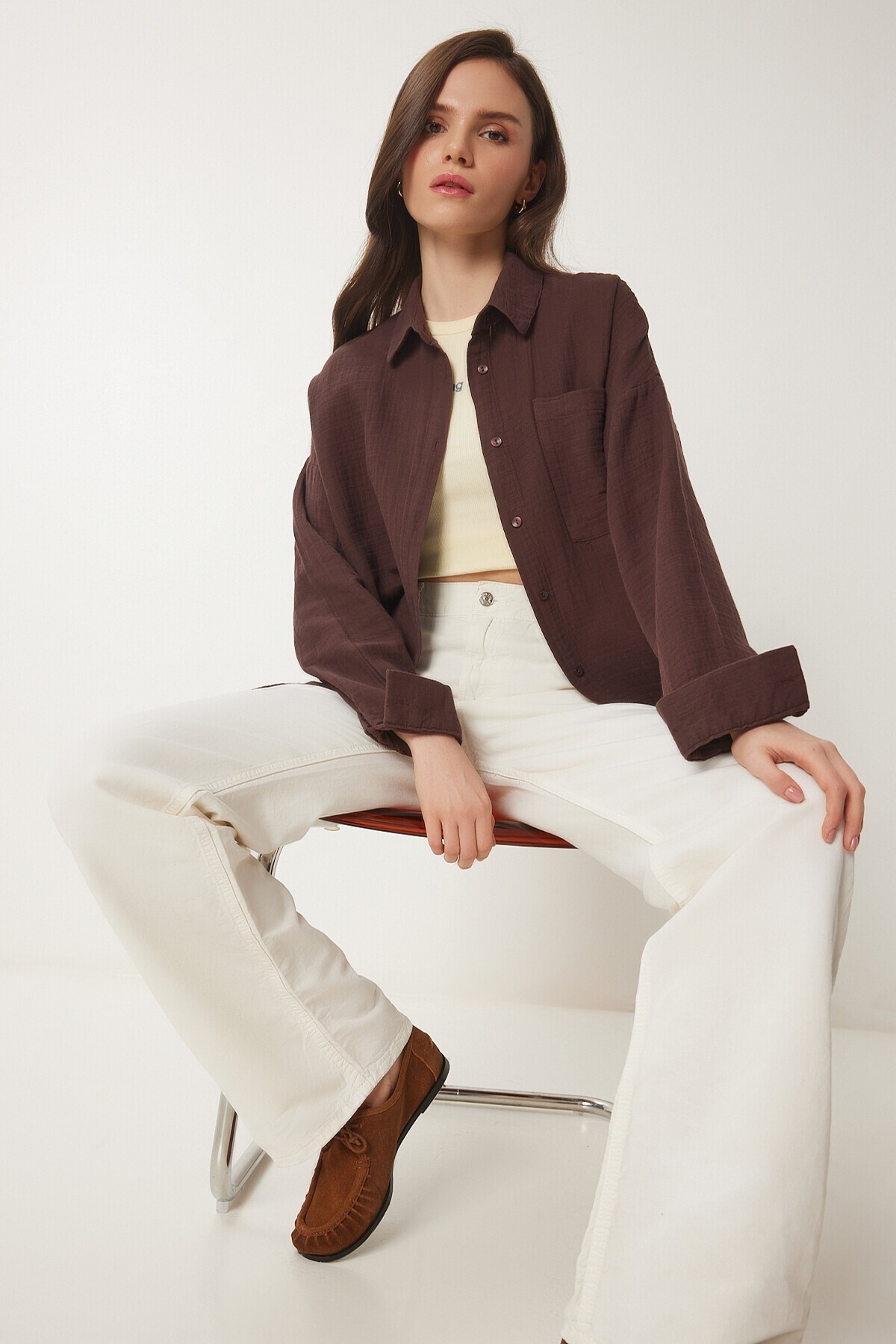 Oversize Basic Müslin Gömlek KAHVERENGİ LMX0002