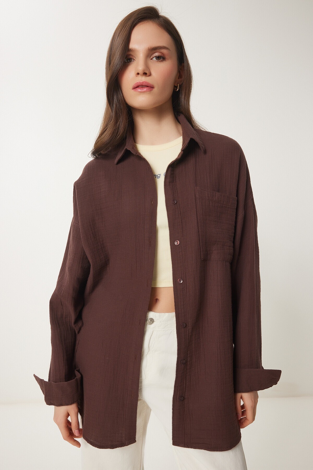 Oversize Basic Müslin Gömlek KAHVERENGİ LMX0002
