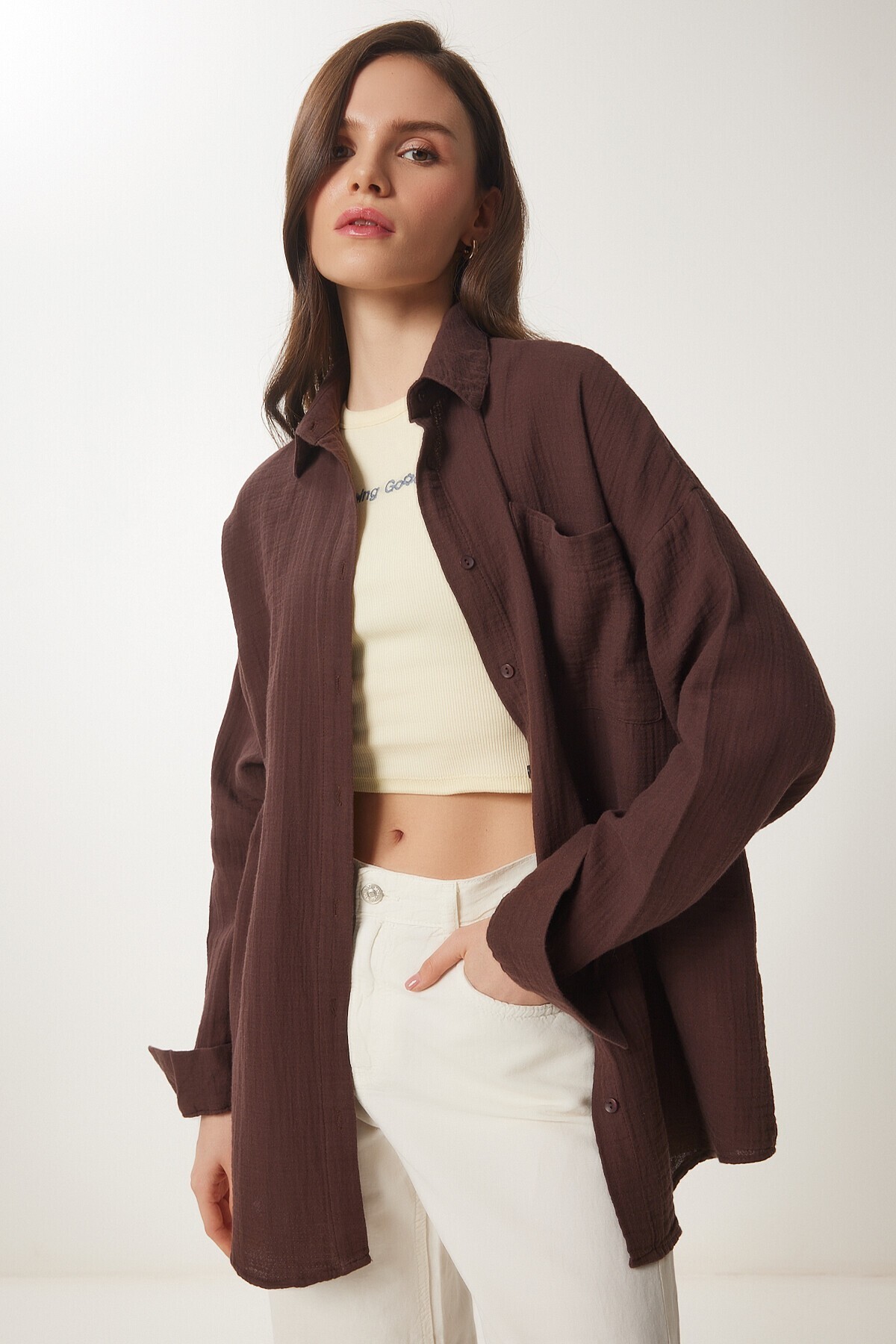 Oversize Basic Müslin Gömlek KAHVERENGİ LMX0002